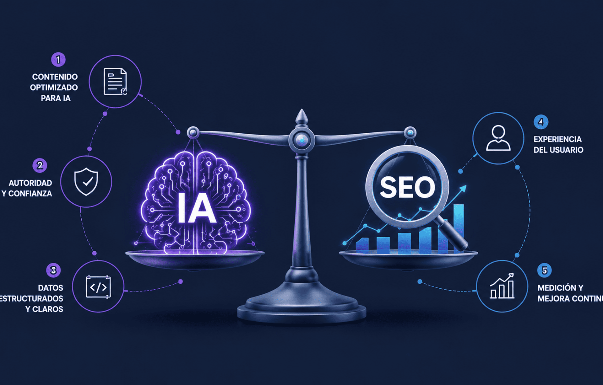 Ilustración conceptual con una balanza que equilibra inteligencia artificial y SEO mediante cinco estrategias de visibilidad.