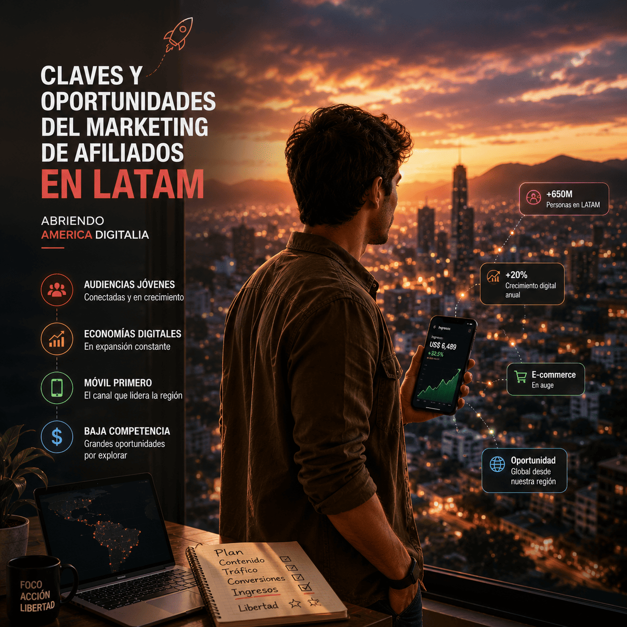 Persona junto a una ventana con vista a la ciudad al atardecer, sosteniendo un teléfono con gráfico de crecimiento