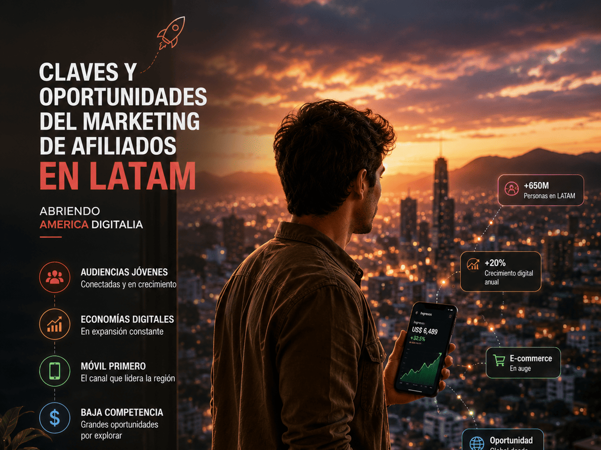 Persona junto a una ventana con vista a la ciudad al atardecer, sosteniendo un teléfono con gráfico de crecimiento