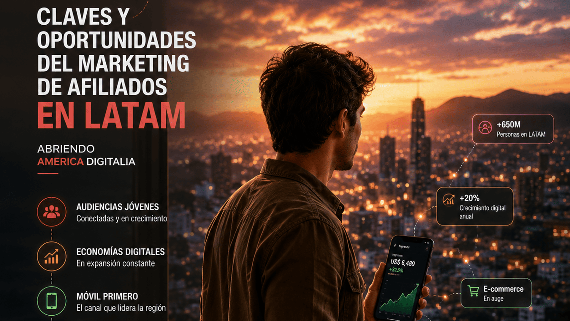 Persona junto a una ventana con vista a la ciudad al atardecer, sosteniendo un teléfono con gráfico de crecimiento