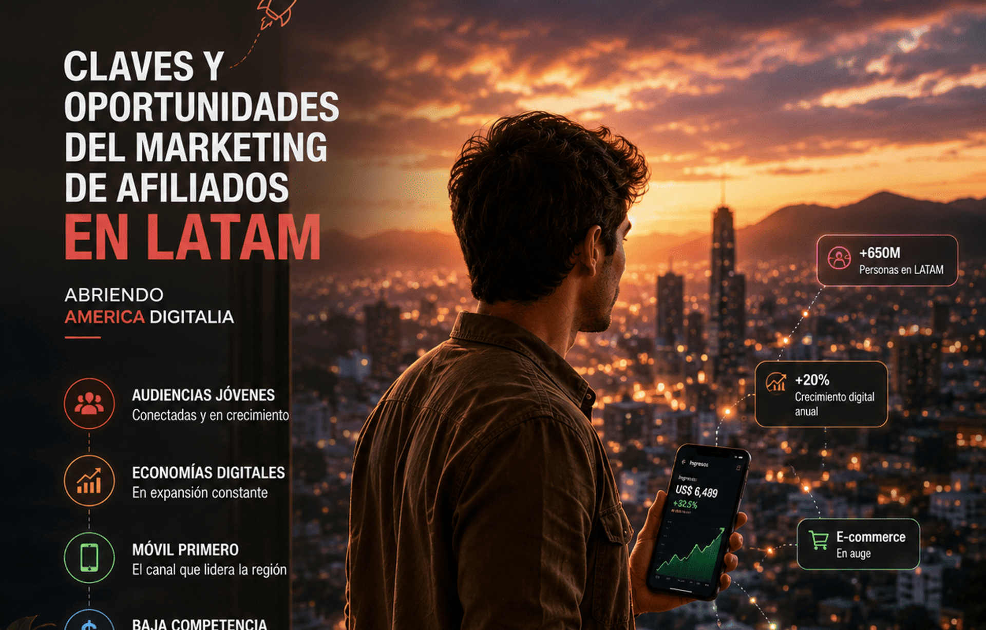 Persona junto a una ventana con vista a la ciudad al atardecer, sosteniendo un teléfono con gráfico de crecimiento