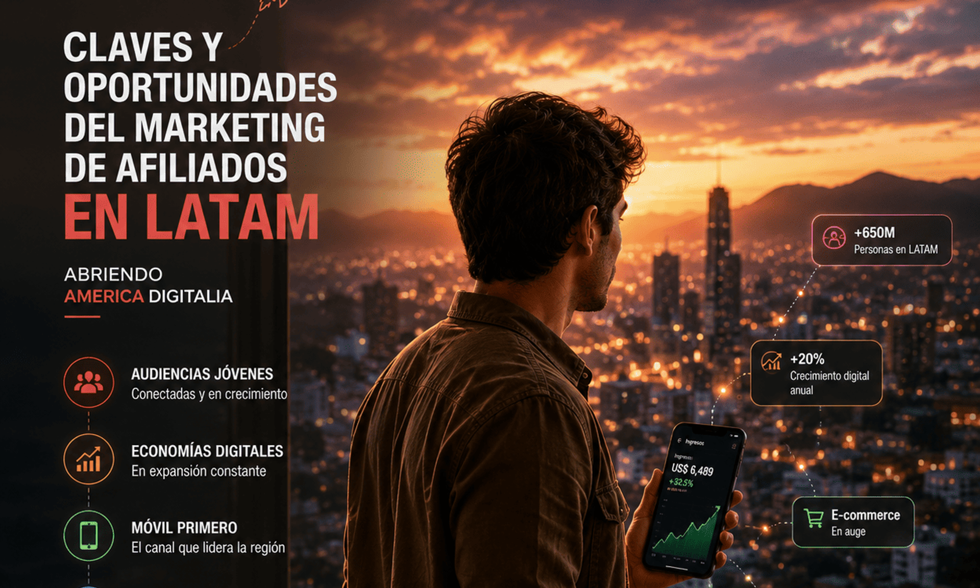 Persona junto a una ventana con vista a la ciudad al atardecer, sosteniendo un teléfono con gráfico de crecimiento