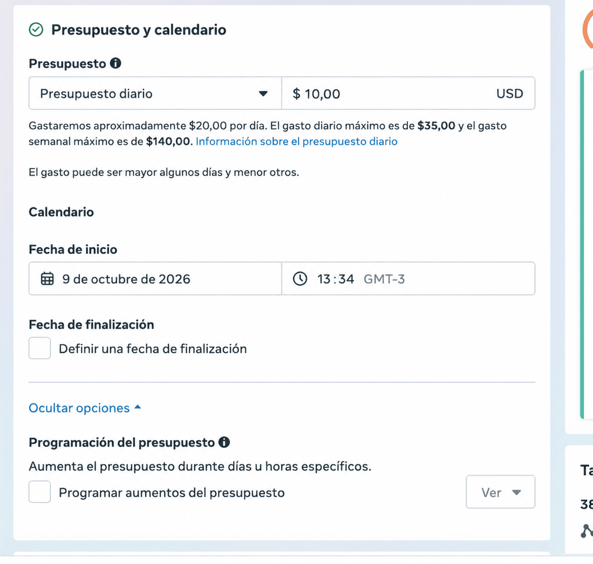 Meta, bloque «Presupuesto y calendario»: «Presupuesto diario» de 10 USD y fecha de inicio con la zona horaria GMT-3.