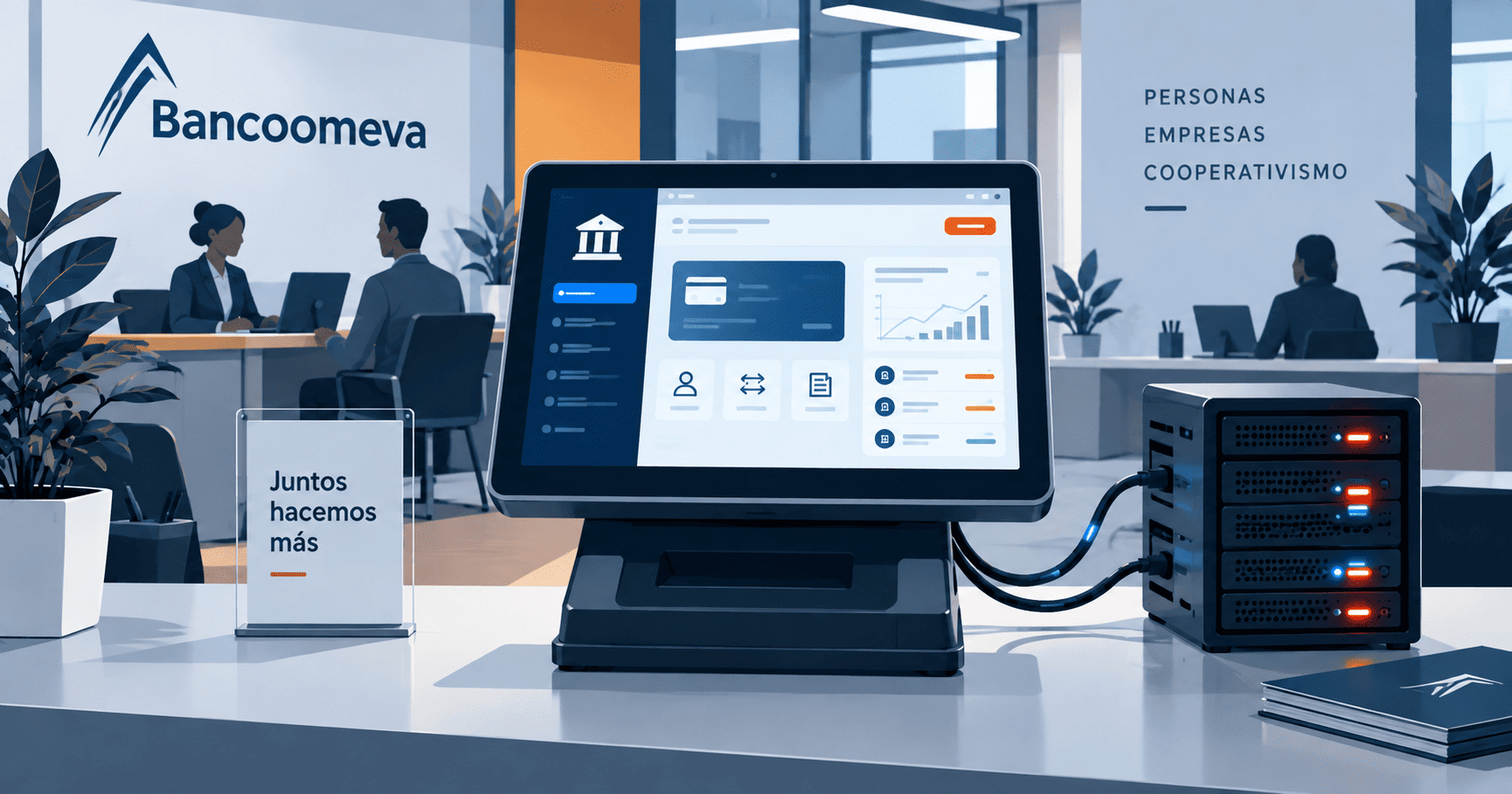 Terminal bancario conectado a servidor en una oficina moderna de Bancoomeva.
