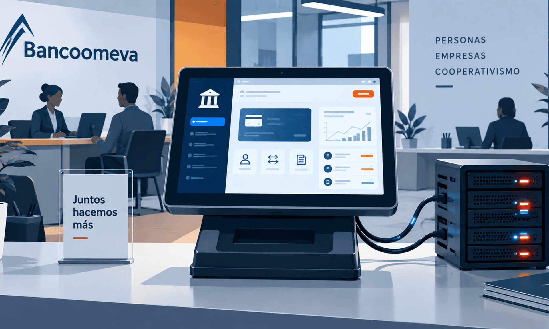 Terminal bancario conectado a servidor en una oficina moderna de Bancoomeva.