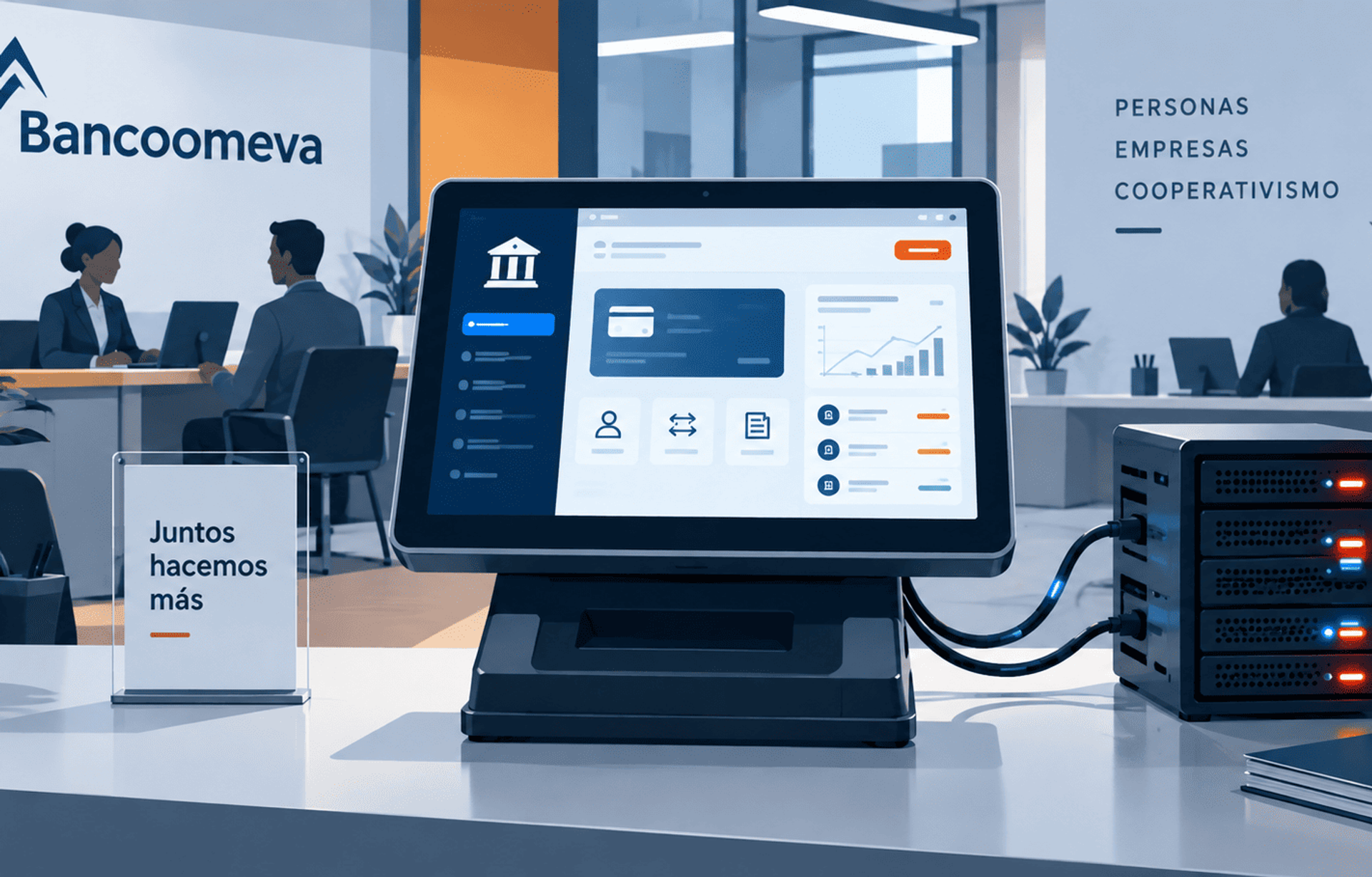 Terminal bancario conectado a servidor en una oficina moderna de Bancoomeva.