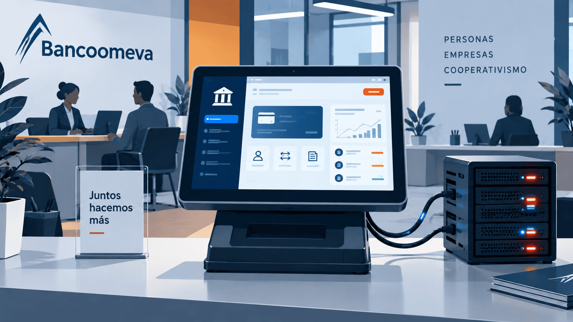 Terminal bancario conectado a servidor en una oficina moderna de Bancoomeva.