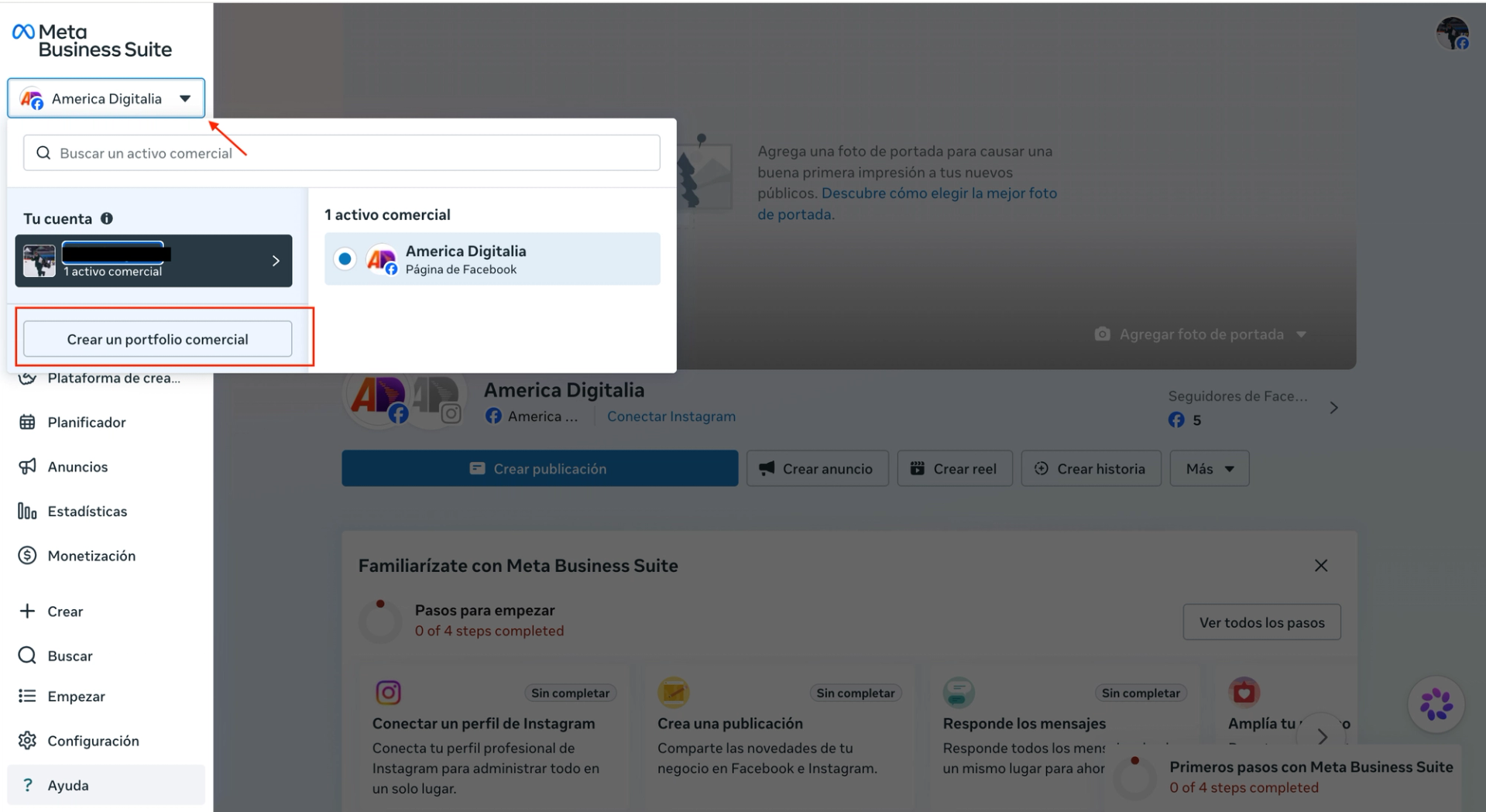 Meta Business Suite con el botón «Crear un portfolio comercial» resaltado en rojo.