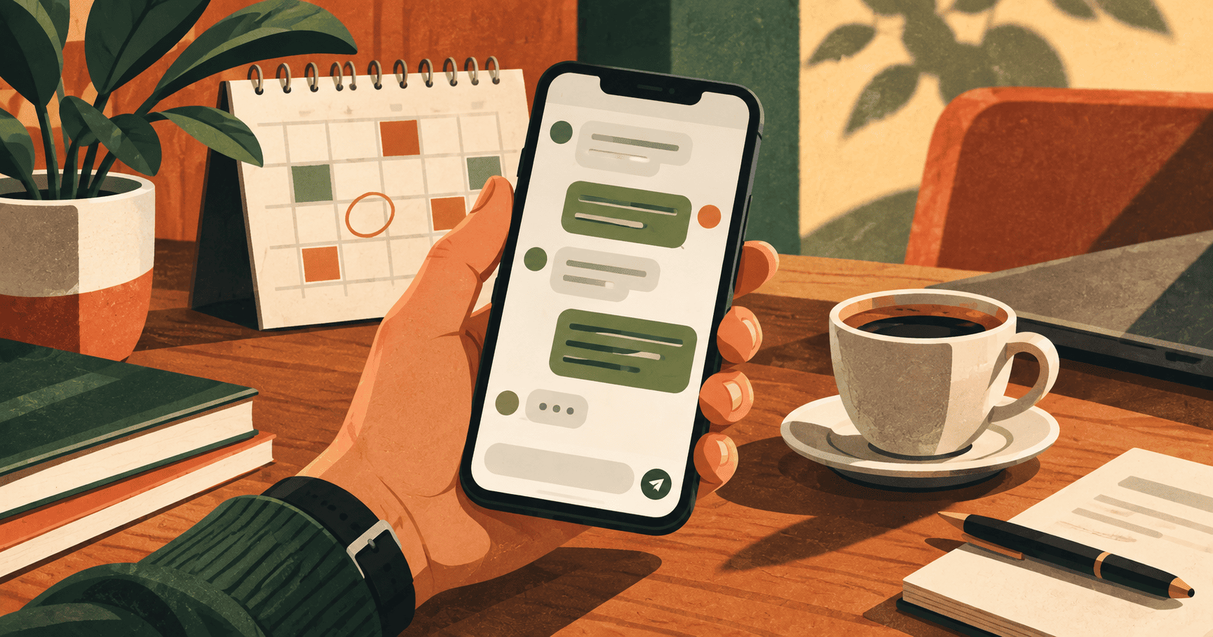 Persona usando un chat móvil junto a un calendario y una taza de café.