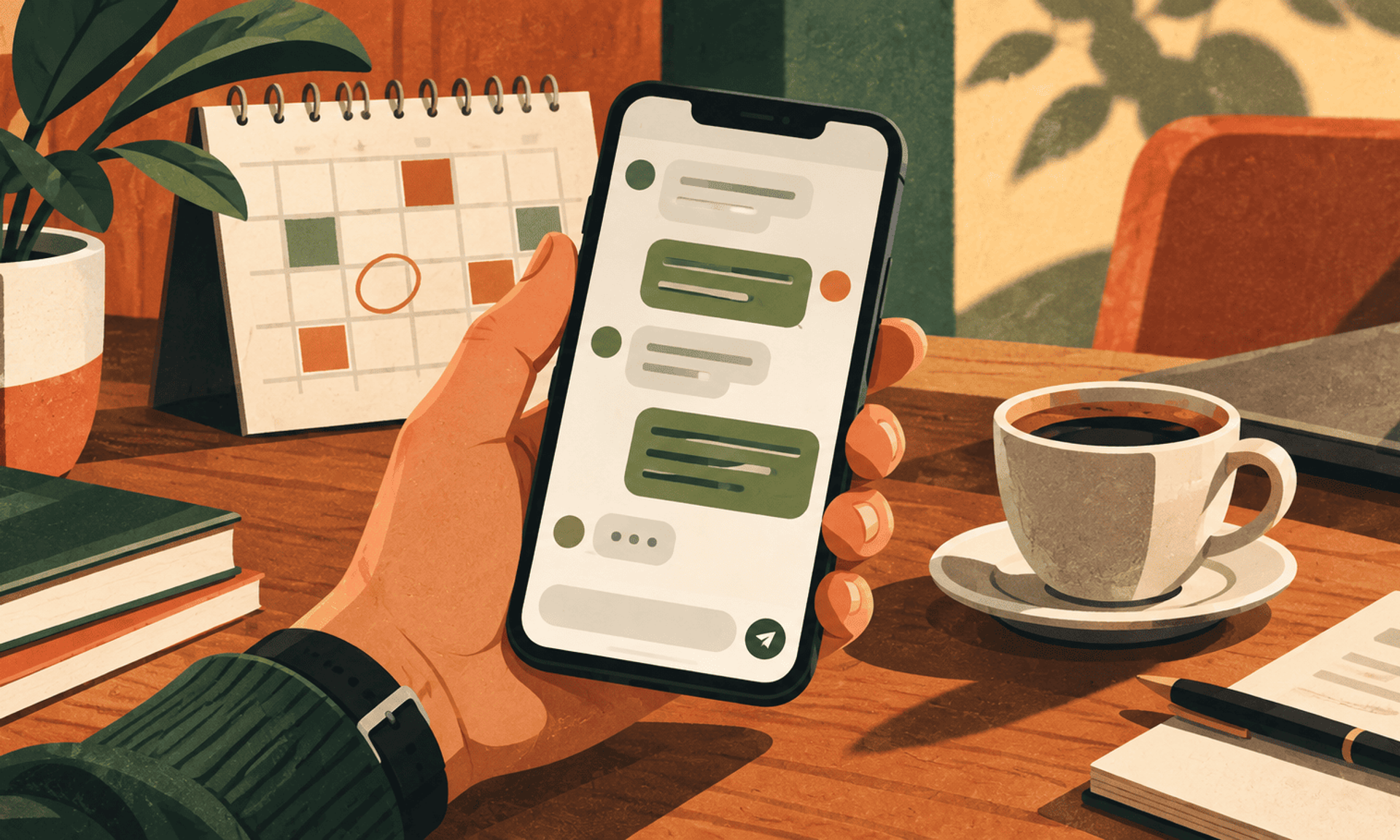 Persona usando un chat móvil junto a un calendario y una taza de café.