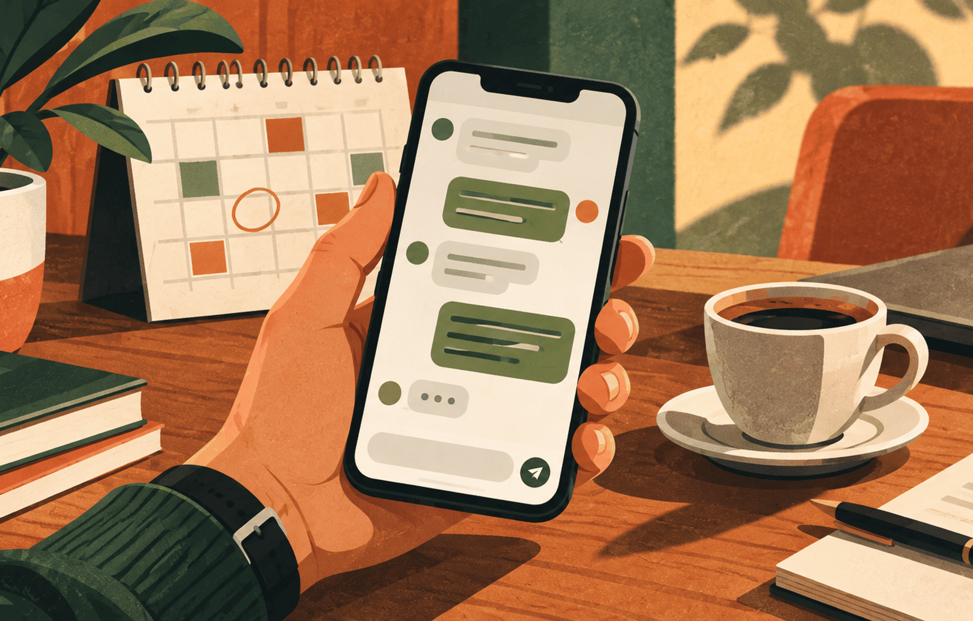 Persona usando un chat móvil junto a un calendario y una taza de café.