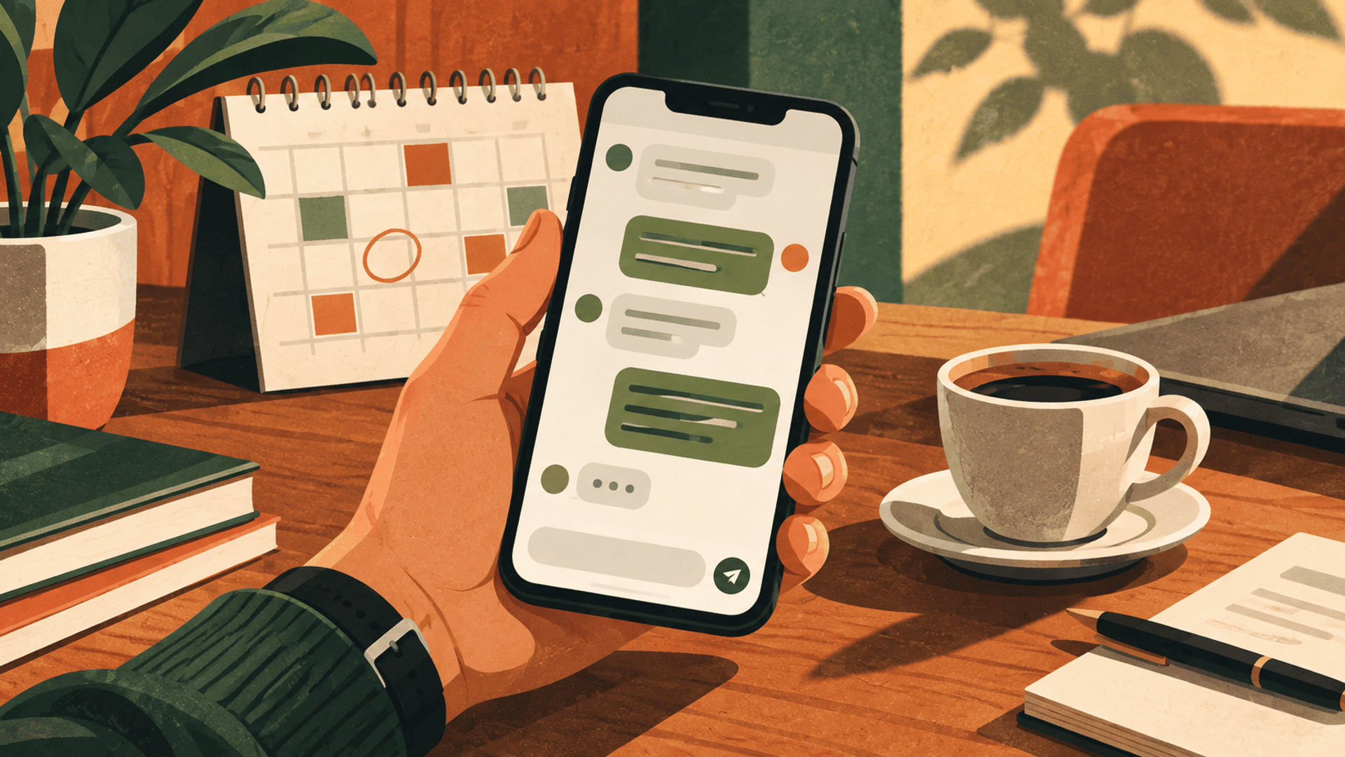 Persona usando un chat móvil junto a un calendario y una taza de café.
