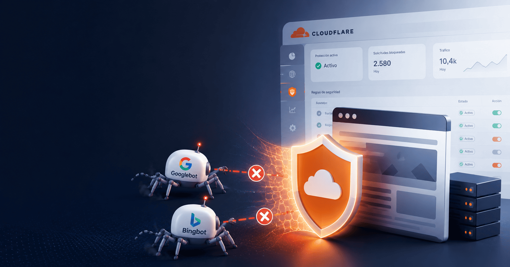 Ilustración conceptual de un sitio web protegido por un escudo de seguridad que bloquea el acceso de rastreadores de búsqueda mediante una barrera digital.