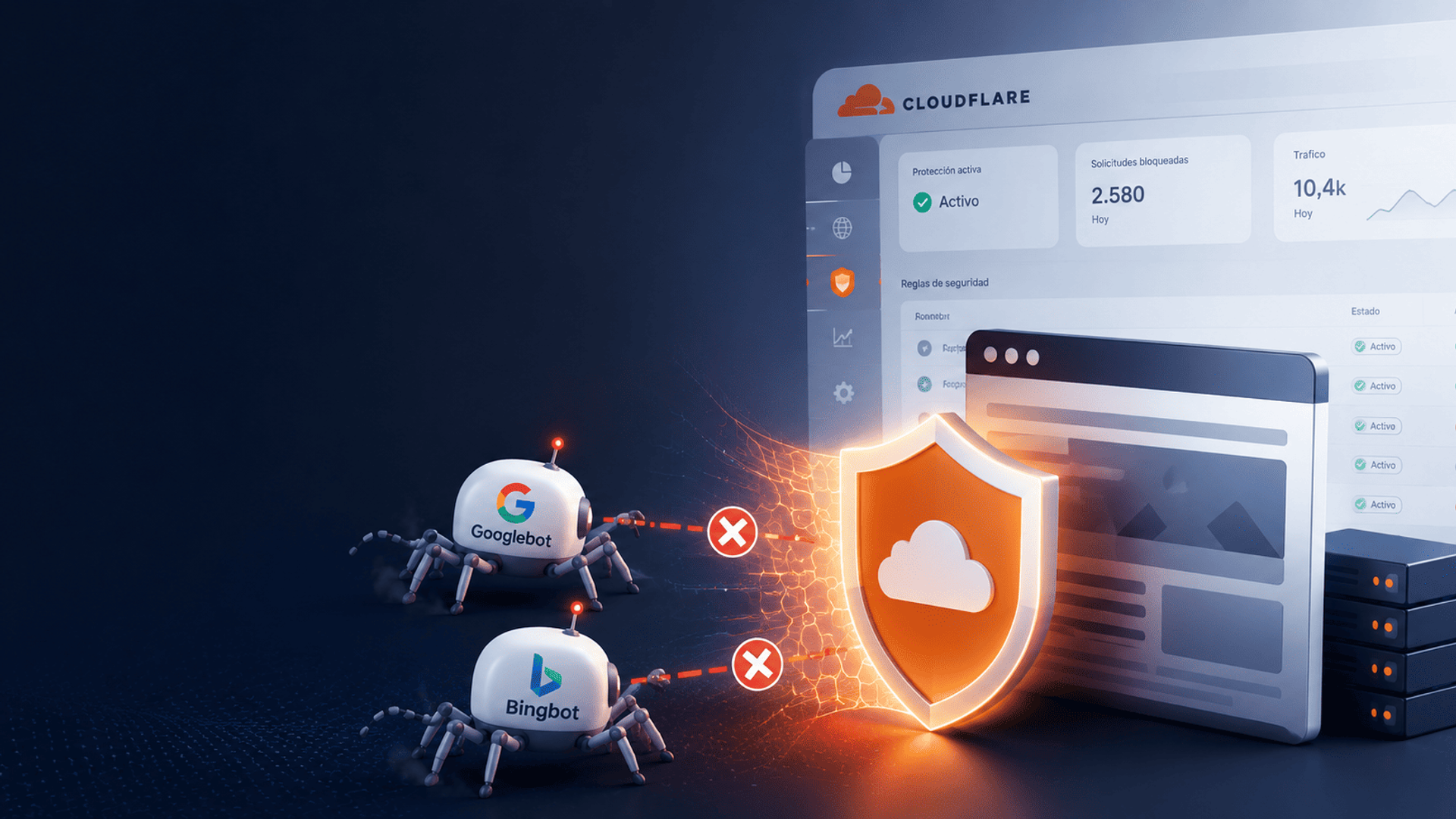 Ilustración conceptual de un sitio web protegido por un escudo de seguridad que bloquea el acceso de rastreadores de búsqueda mediante una barrera digital.