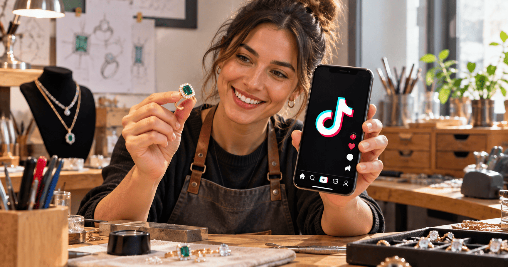 Joyera muestra una pieza de lujo y TikTok desde su taller artesanal.