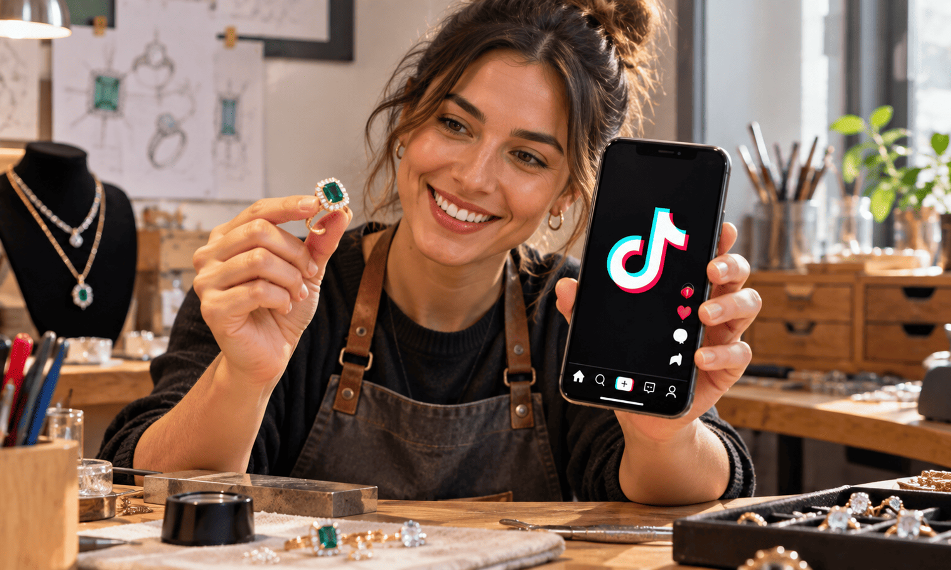 Joyera muestra una pieza de lujo y TikTok desde su taller artesanal.