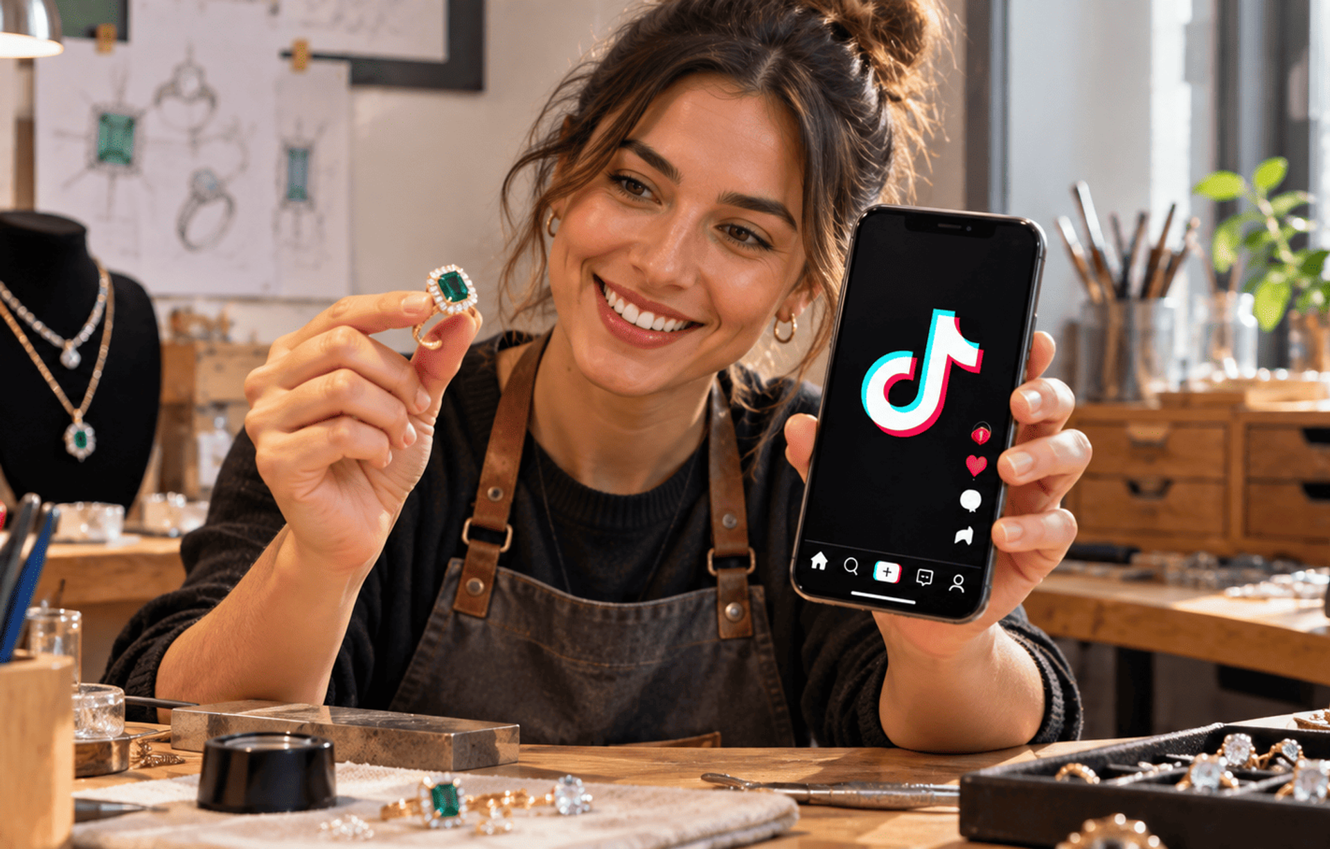 Joyera muestra una pieza de lujo y TikTok desde su taller artesanal.