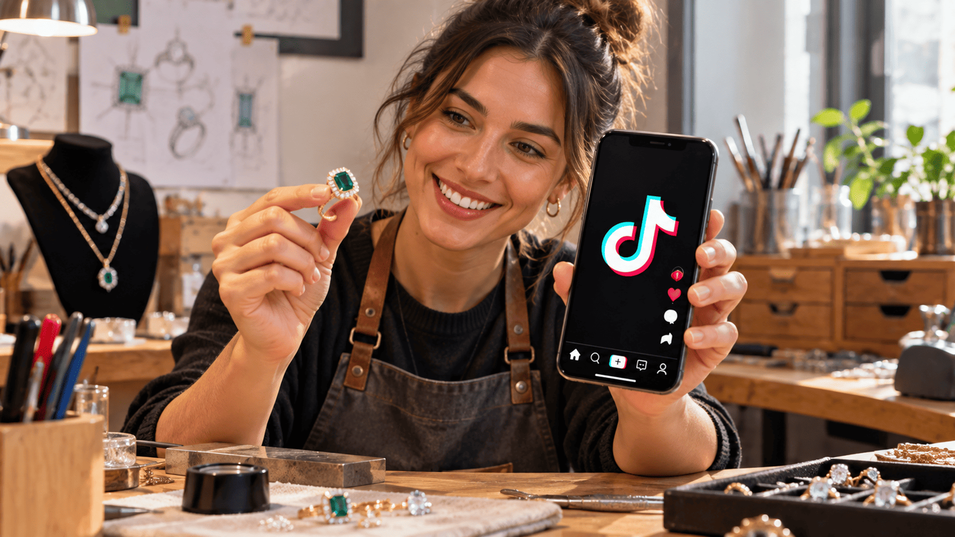 Joyera muestra una pieza de lujo y TikTok desde su taller artesanal.