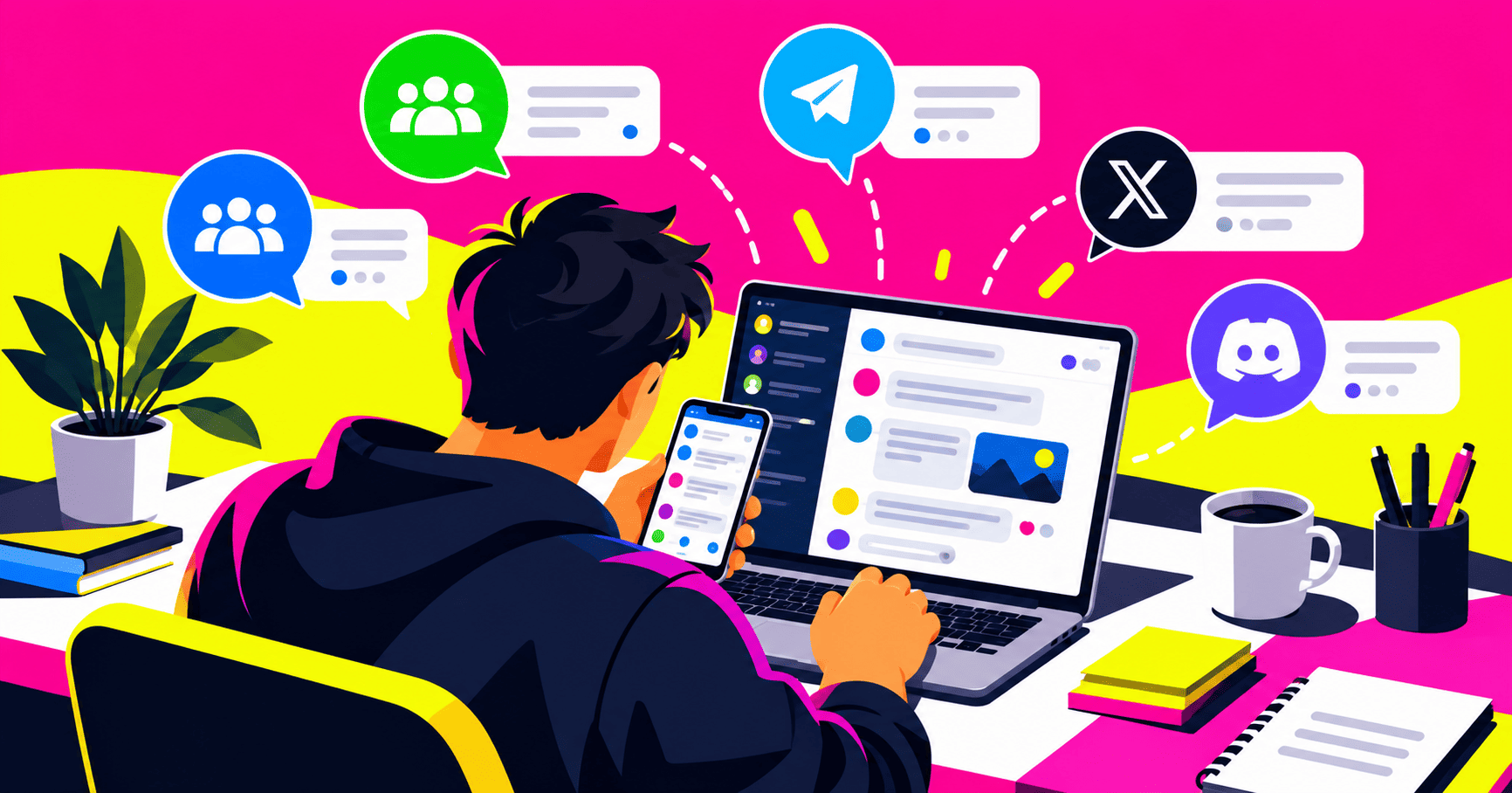 Gestión de comunidades digitales desde laptop y móvil.