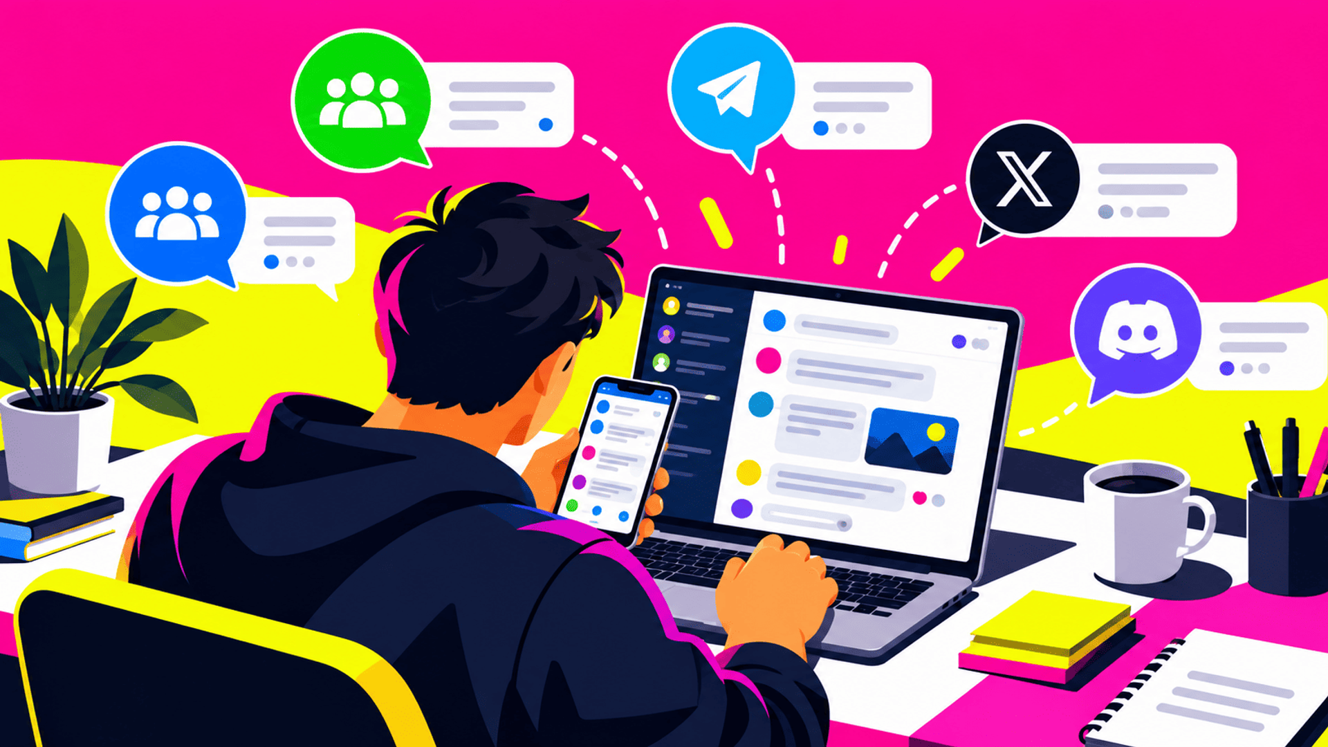 Gestión de comunidades digitales desde laptop y móvil.