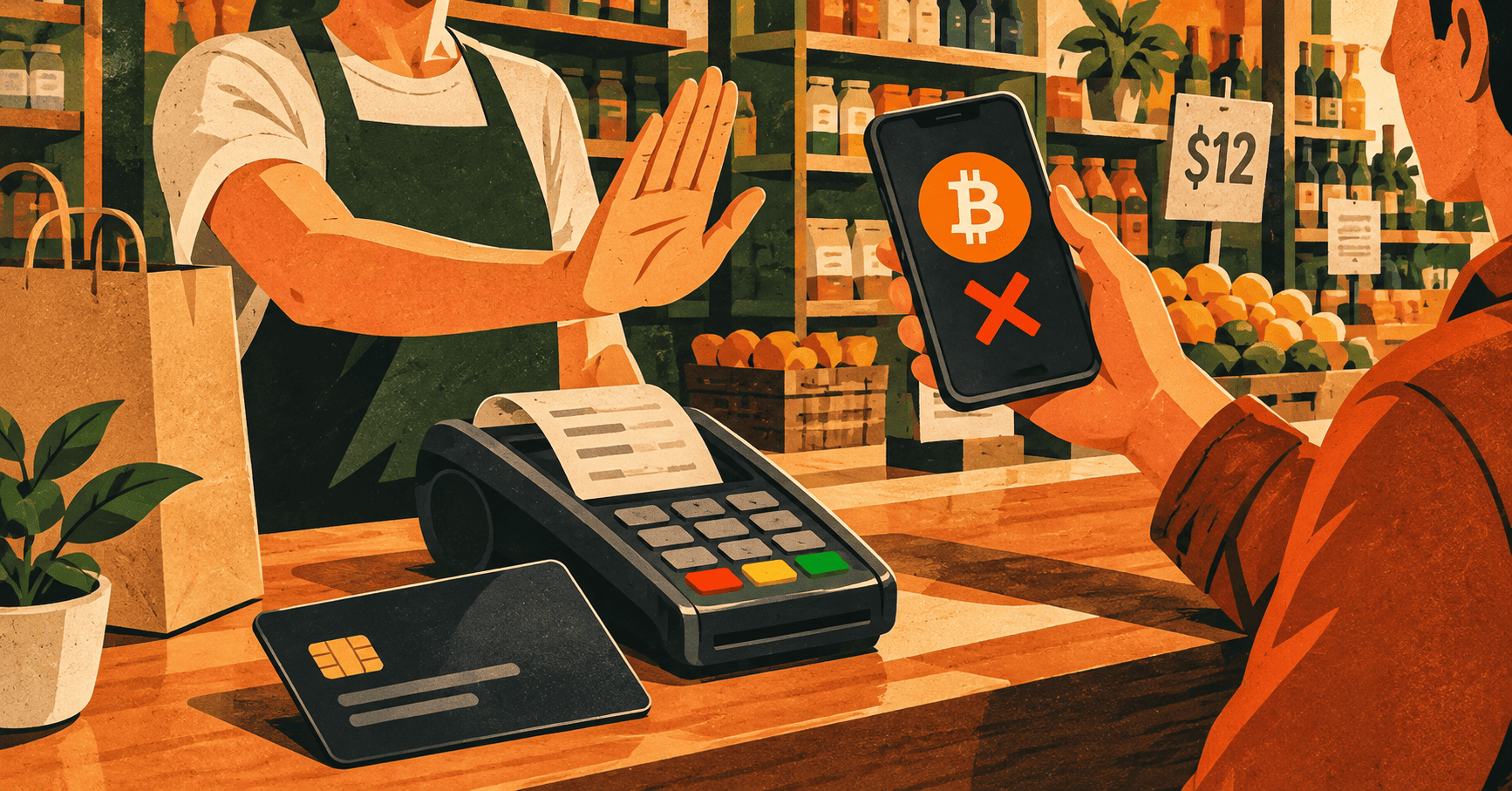 Cliente intenta pagar con Bitcoin en una tienda mientras el comercio rechaza la transacción.