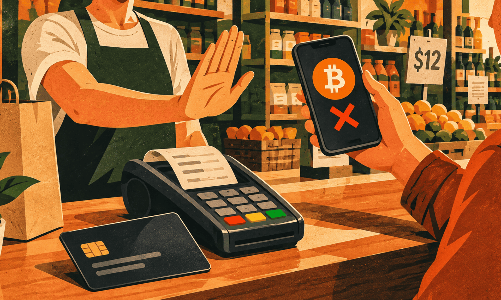 Cliente intenta pagar con Bitcoin en una tienda mientras el comercio rechaza la transacción.