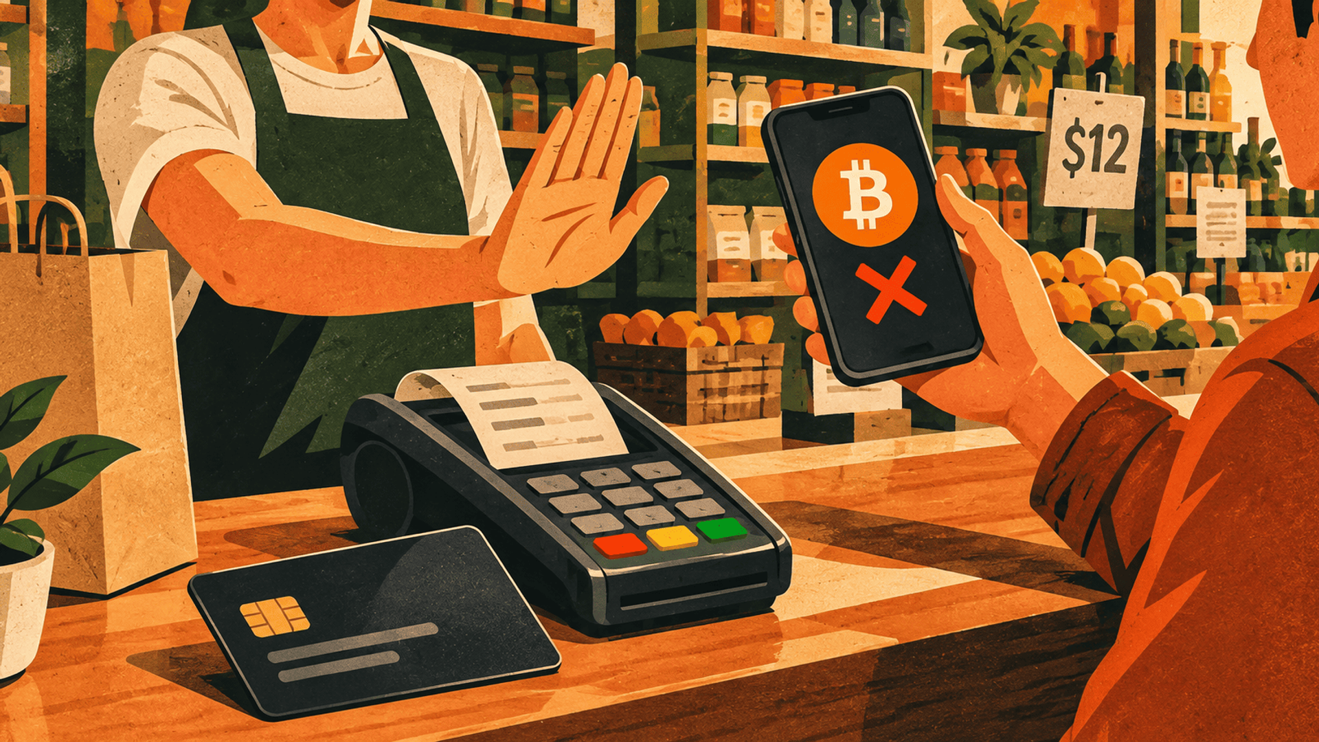 Cliente intenta pagar con Bitcoin en una tienda mientras el comercio rechaza la transacción.