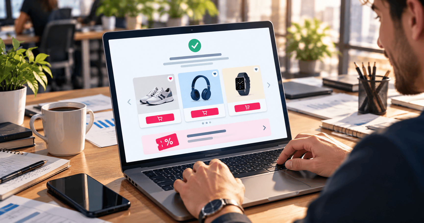 Cliente revisa recomendaciones de productos tras una compra en una tienda online.