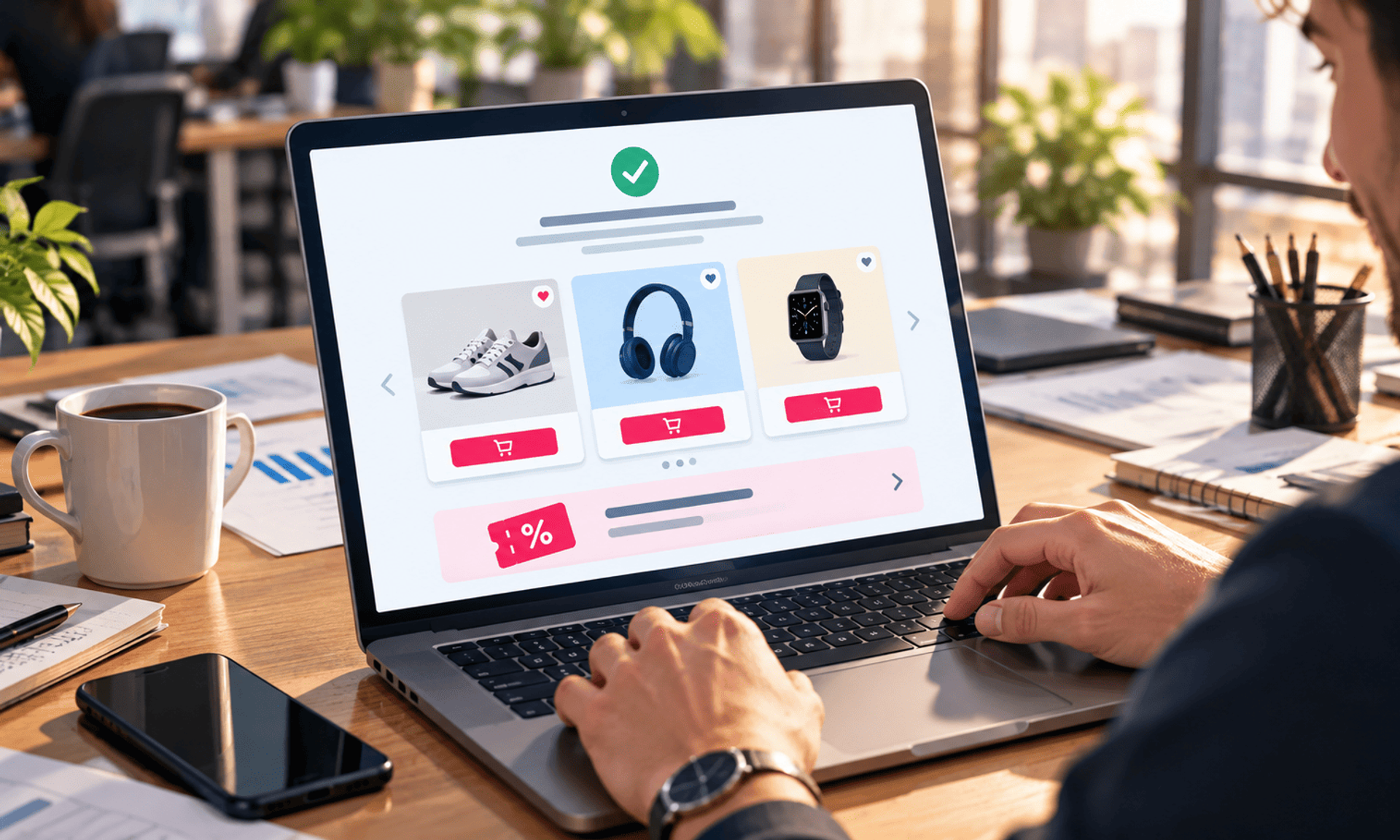Cliente revisa recomendaciones de productos tras una compra en una tienda online.