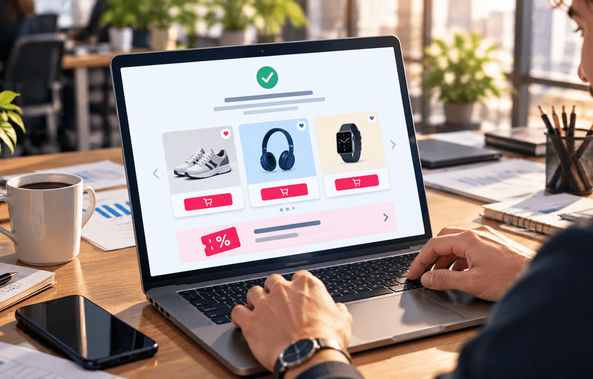 Cliente revisa recomendaciones de productos tras una compra en una tienda online.
