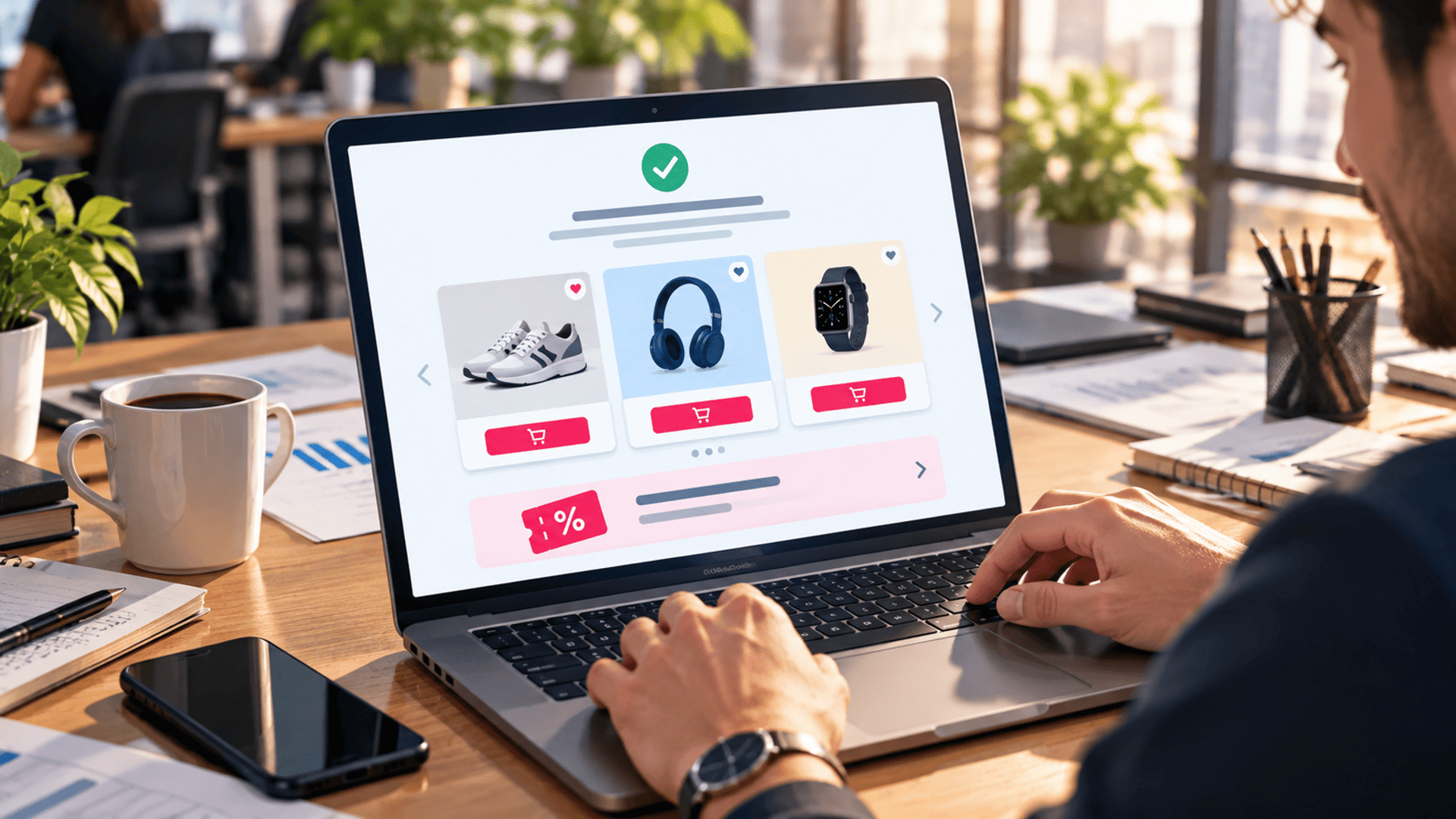 Cliente revisa recomendaciones de productos tras una compra en una tienda online.