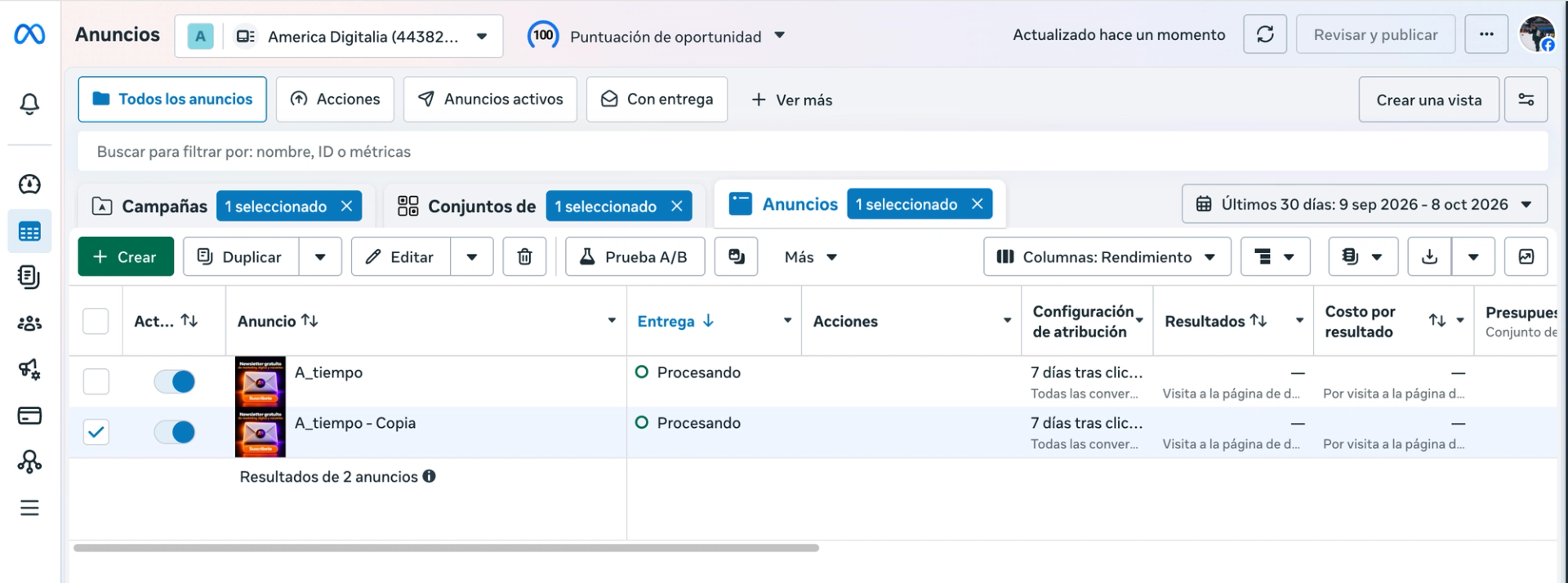 Ads Manager, pestaña «Anuncios»: el anuncio A_tiempo y su copia, ambos activados y en estado «Procesando».