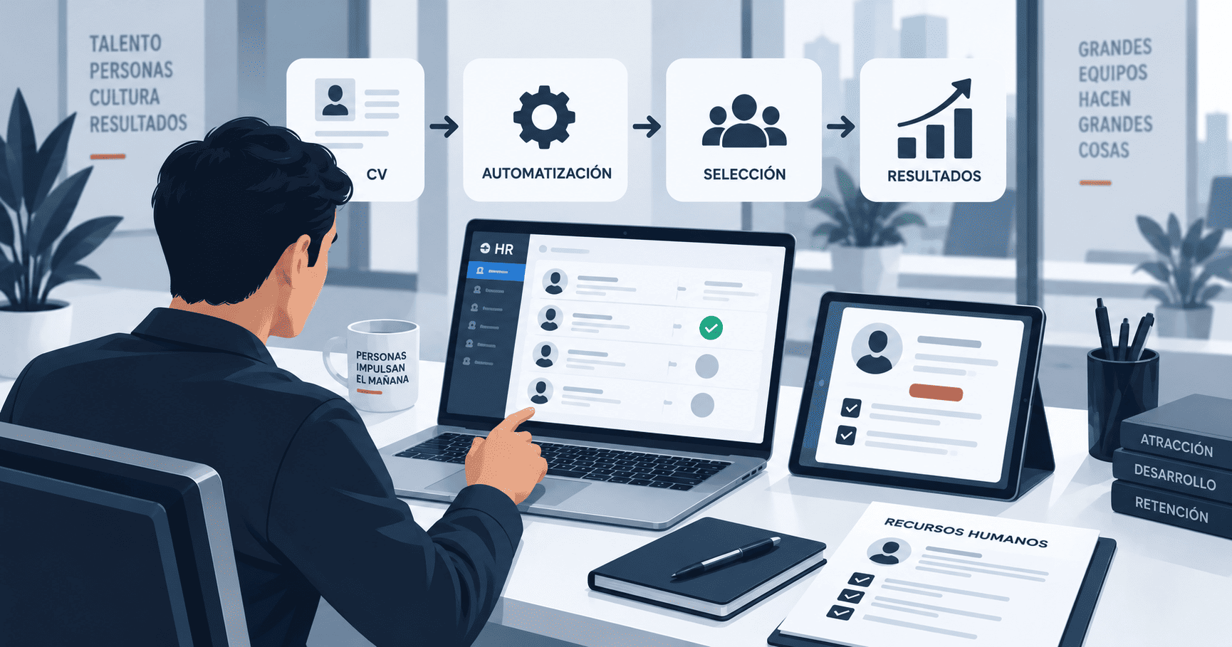 Automatización de recursos humanos para gestionar candidatos, selección y resultados desde herramientas digitales.