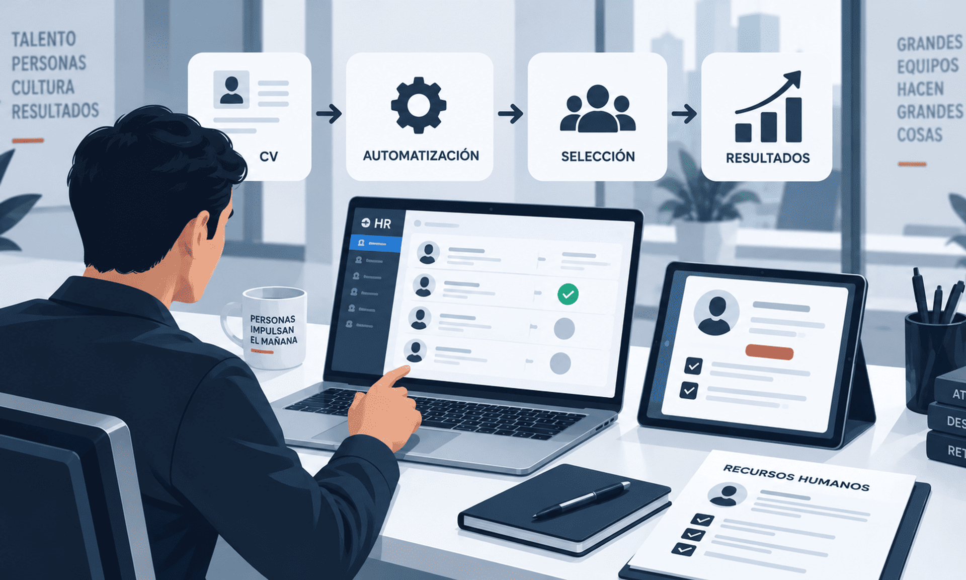 Automatización de recursos humanos para gestionar candidatos, selección y resultados desde herramientas digitales.
