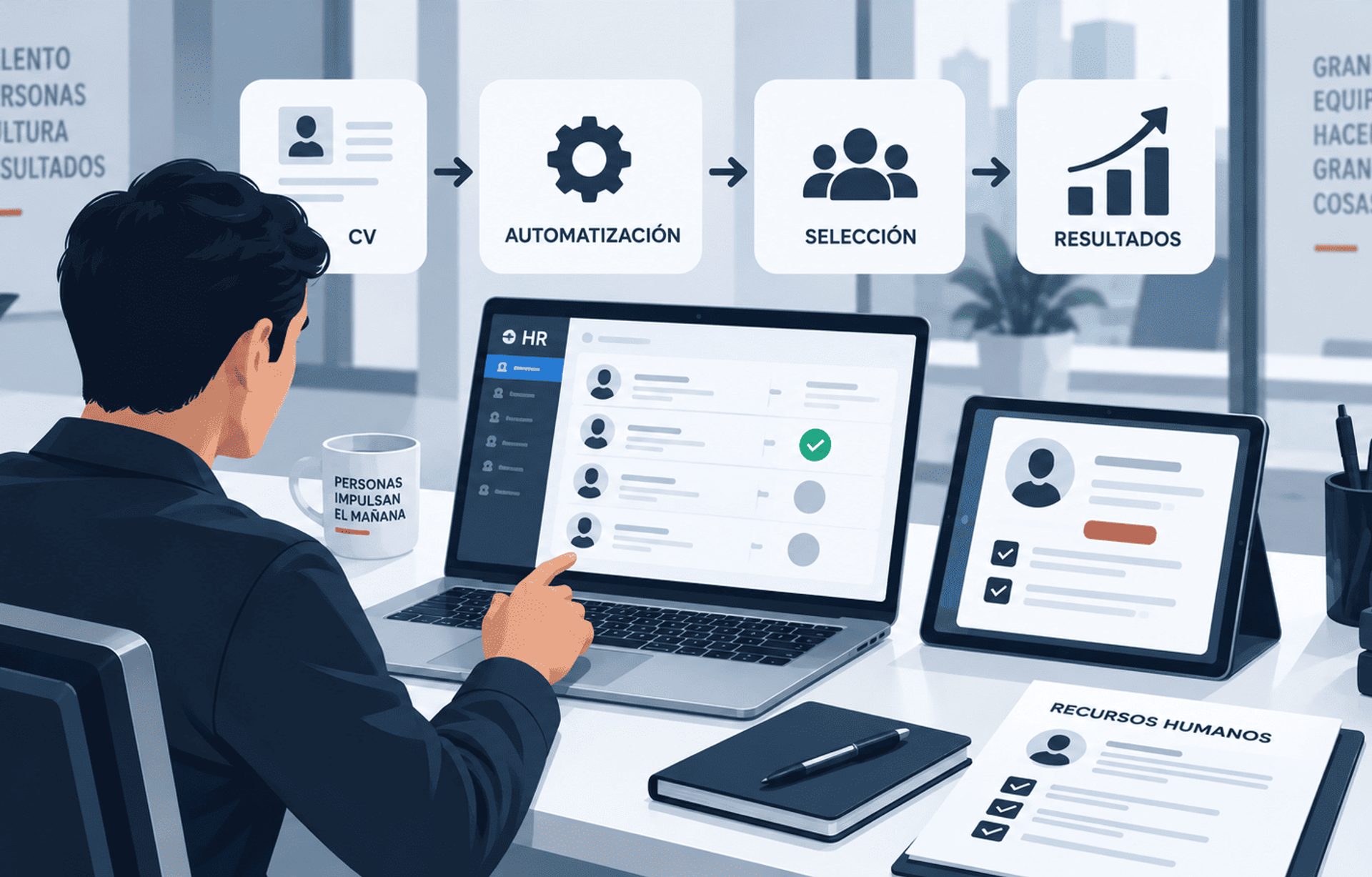 Automatización de recursos humanos para gestionar candidatos, selección y resultados desde herramientas digitales.