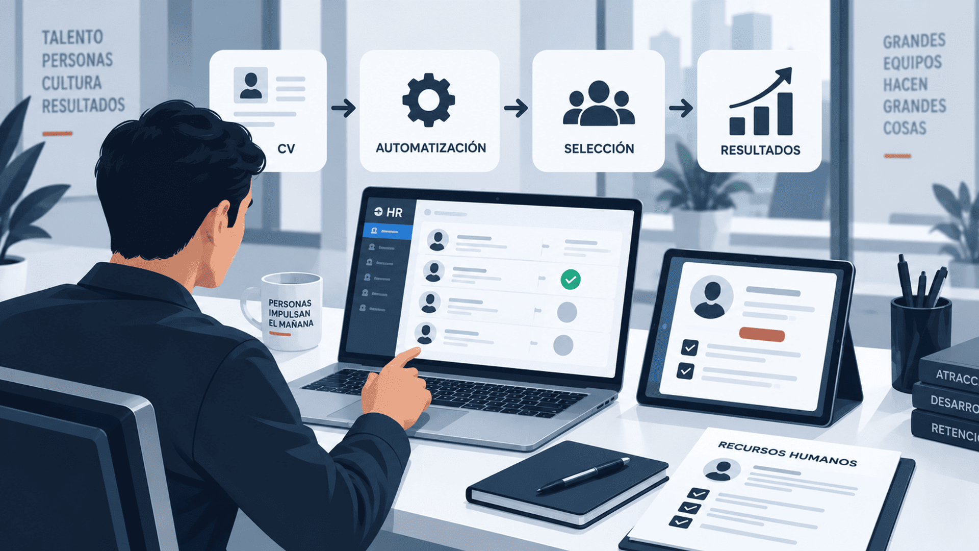 Automatización de recursos humanos para gestionar candidatos, selección y resultados desde herramientas digitales.