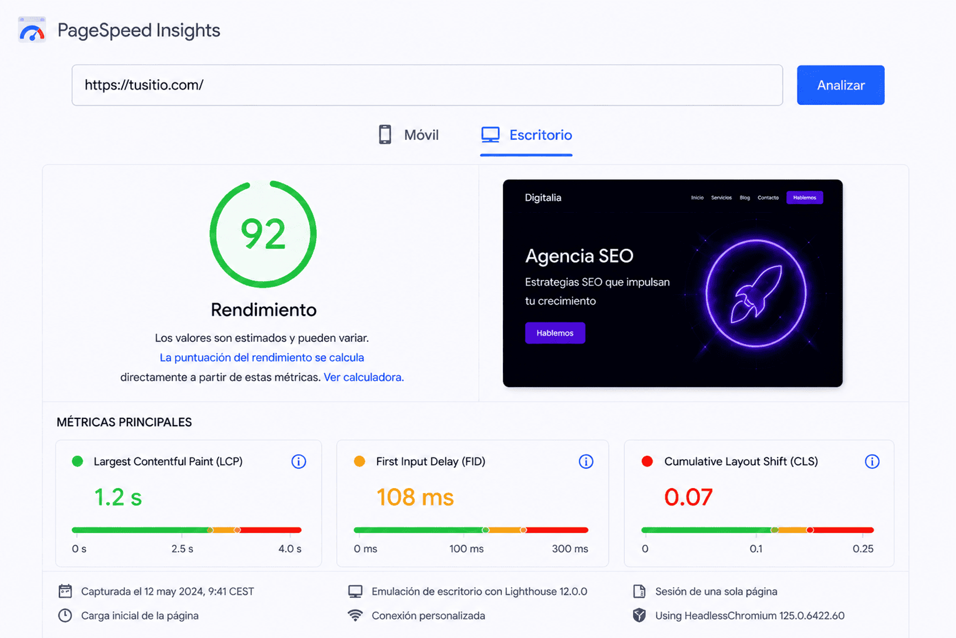 Interfaz de Google PageSpeed Insights mostrando métricas de velocidad de sitio web.