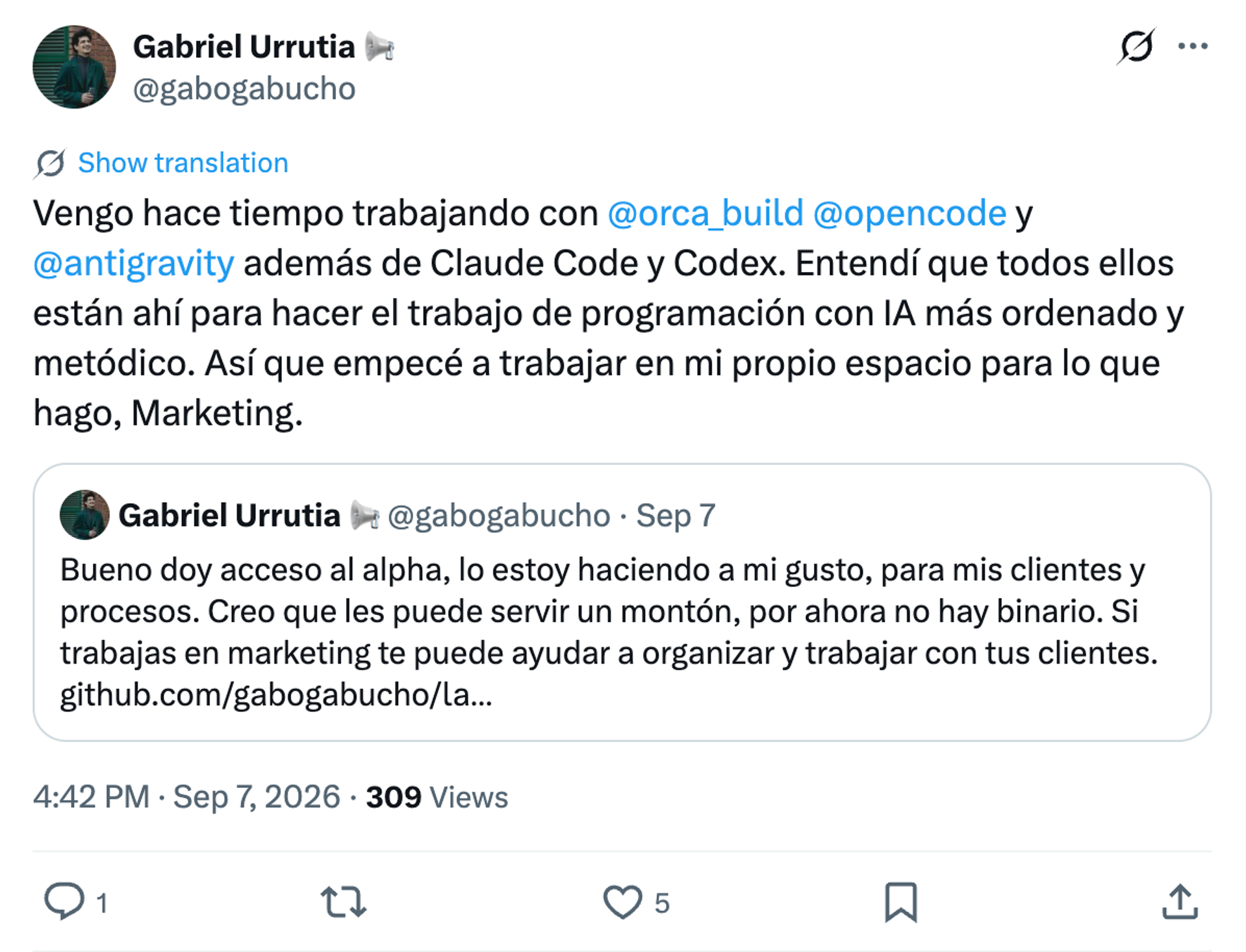 Publicación de Gabriel Urrutia en X sobre su propio espacio de programación con IA para marketing