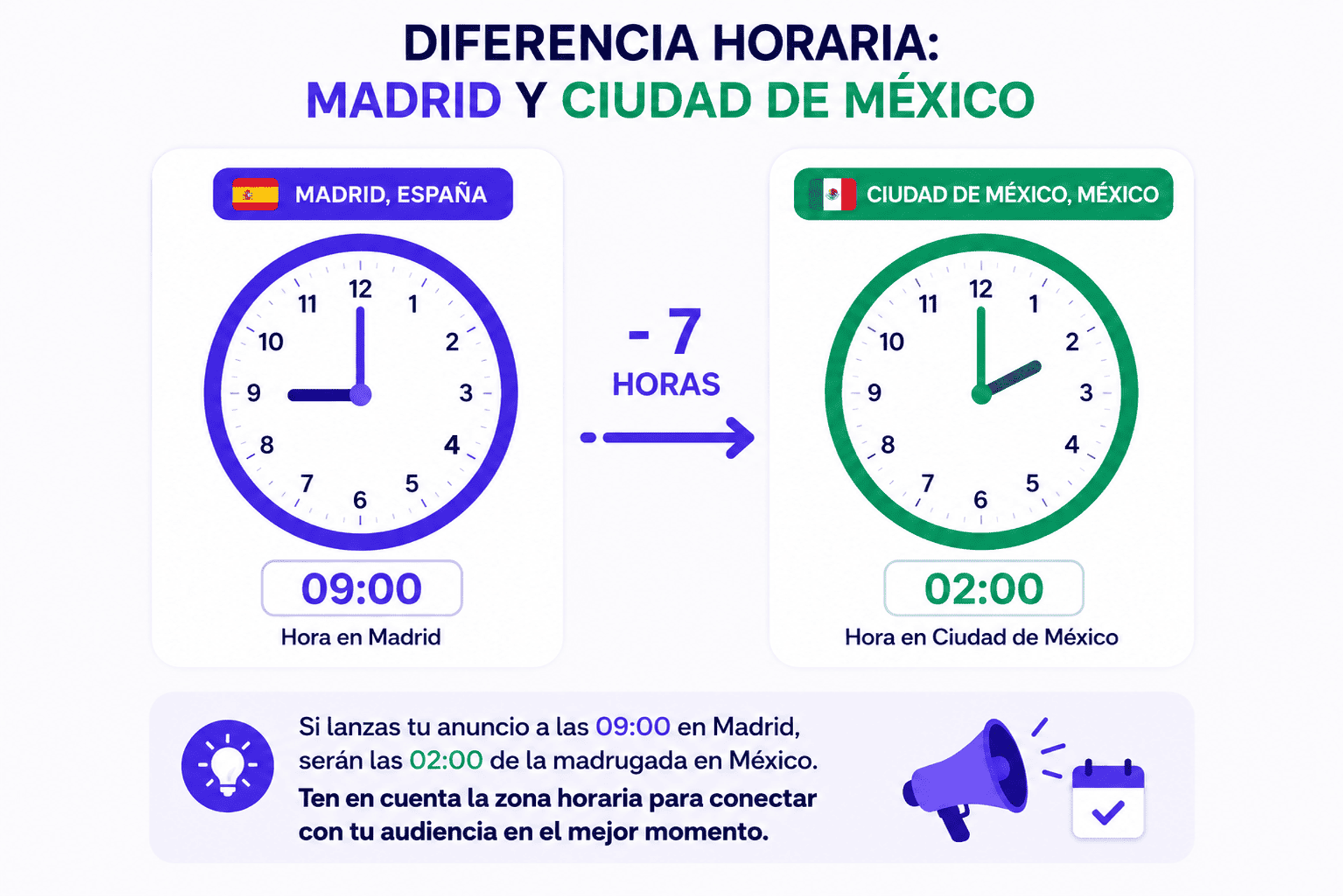 Ejemplo del impacto de las zonas horarias al lanzar publicidad en Facebook Ads para diferentes países.