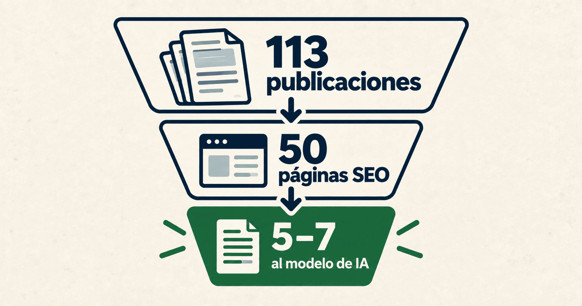 Embudo que filtra 113 publicaciones hasta 5–7 páginas para el modelo de IA.
