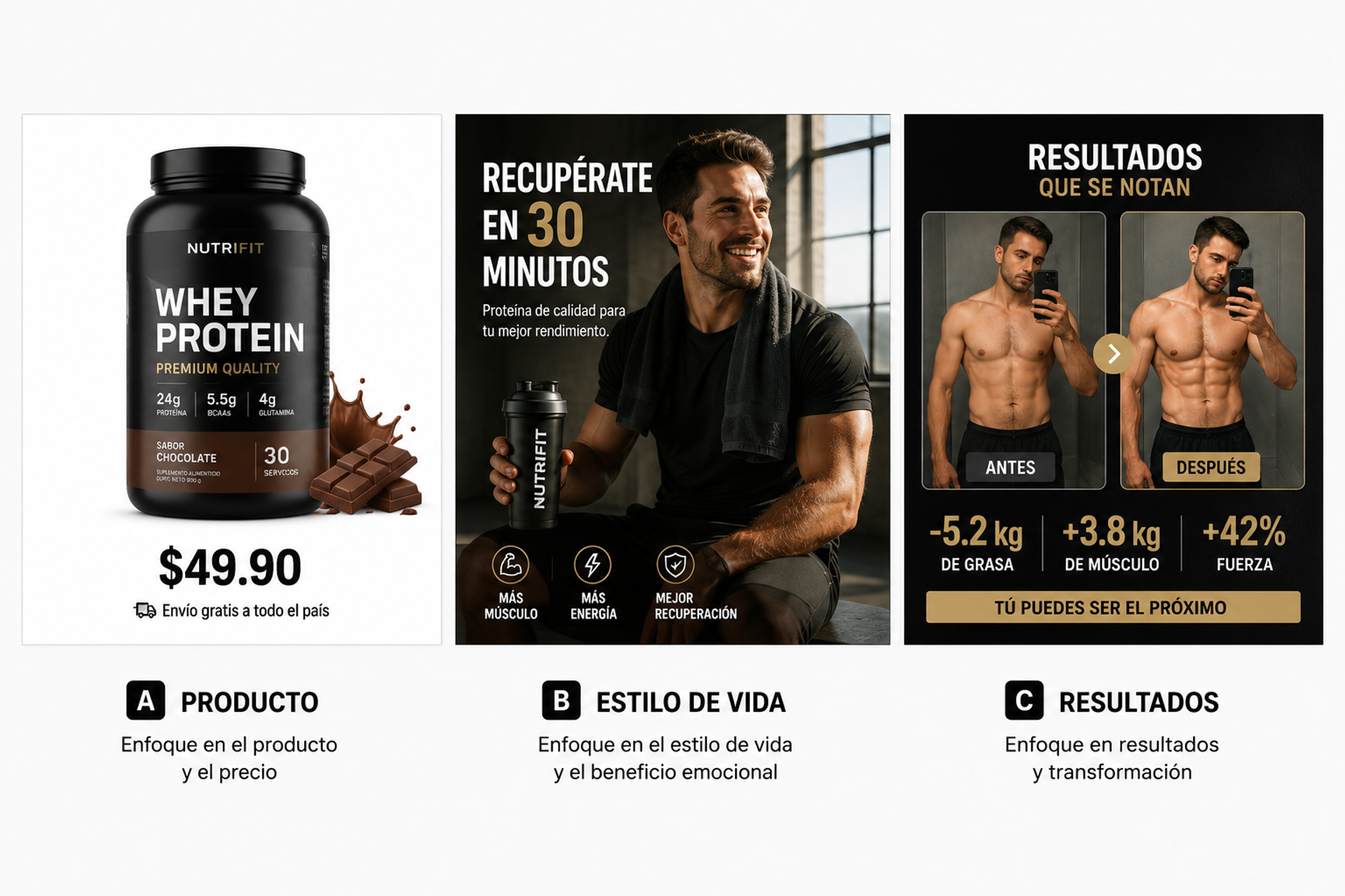 Tres opciones de anuncios de imagen en Instagram para un batido de proteínas