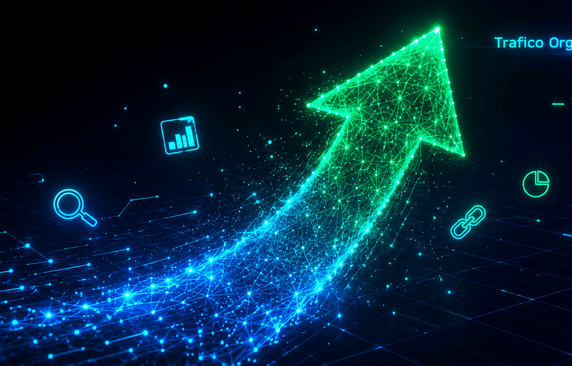 Flecha ascendente de particulas luminosas azul y verde sobre fondo oscuro simbolizando el crecimiento del trafico organico gratuito con SEO