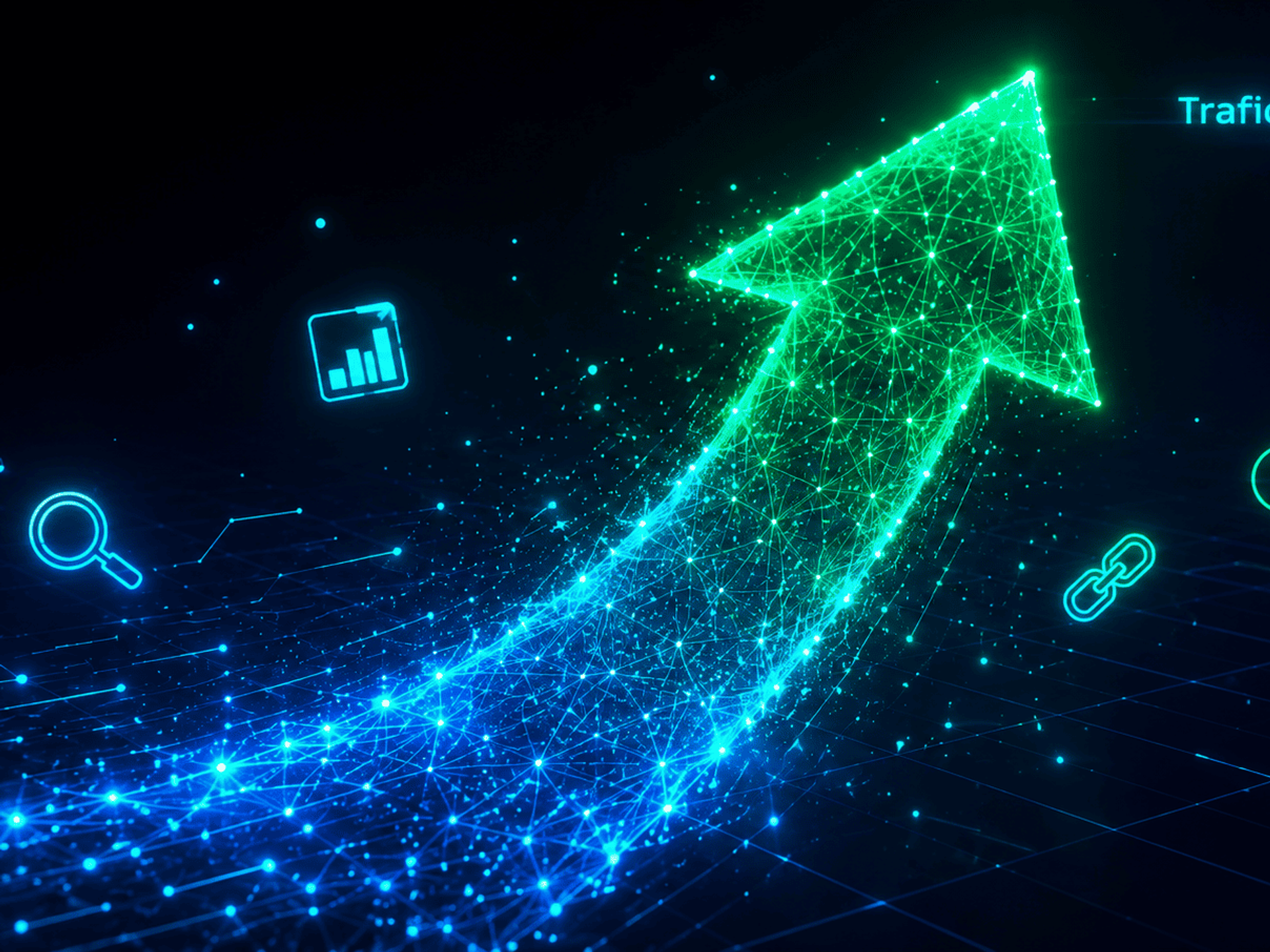 Flecha ascendente de particulas luminosas azul y verde sobre fondo oscuro simbolizando el crecimiento del trafico organico gratuito con SEO