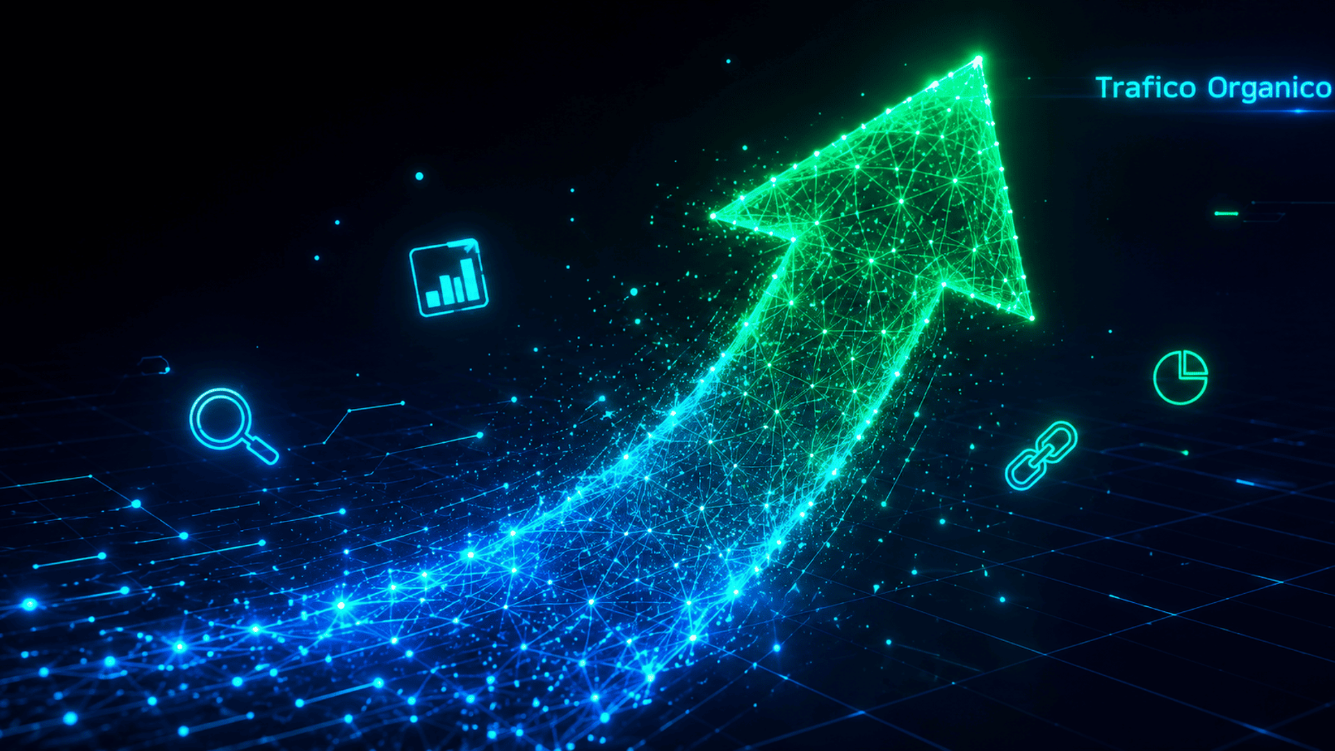 Flecha ascendente de particulas luminosas azul y verde sobre fondo oscuro simbolizando el crecimiento del trafico organico gratuito con SEO