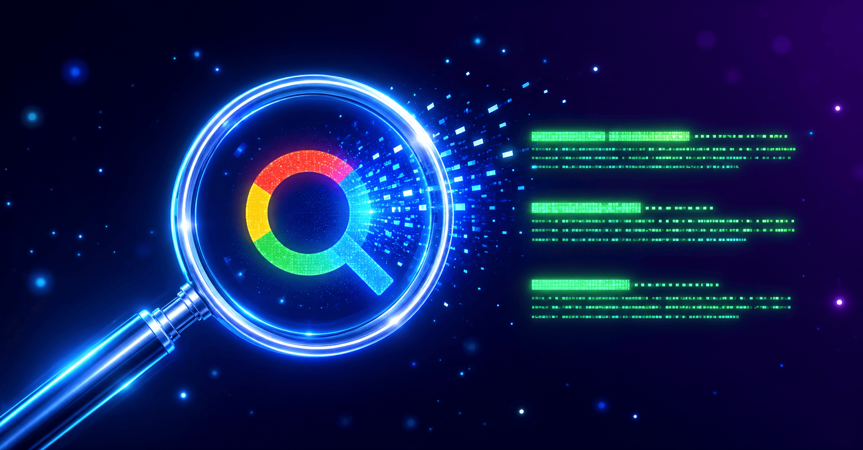 Lupa con efecto neon azul sobre fondo oscuro representando el concepto de SEO y busqueda en Google