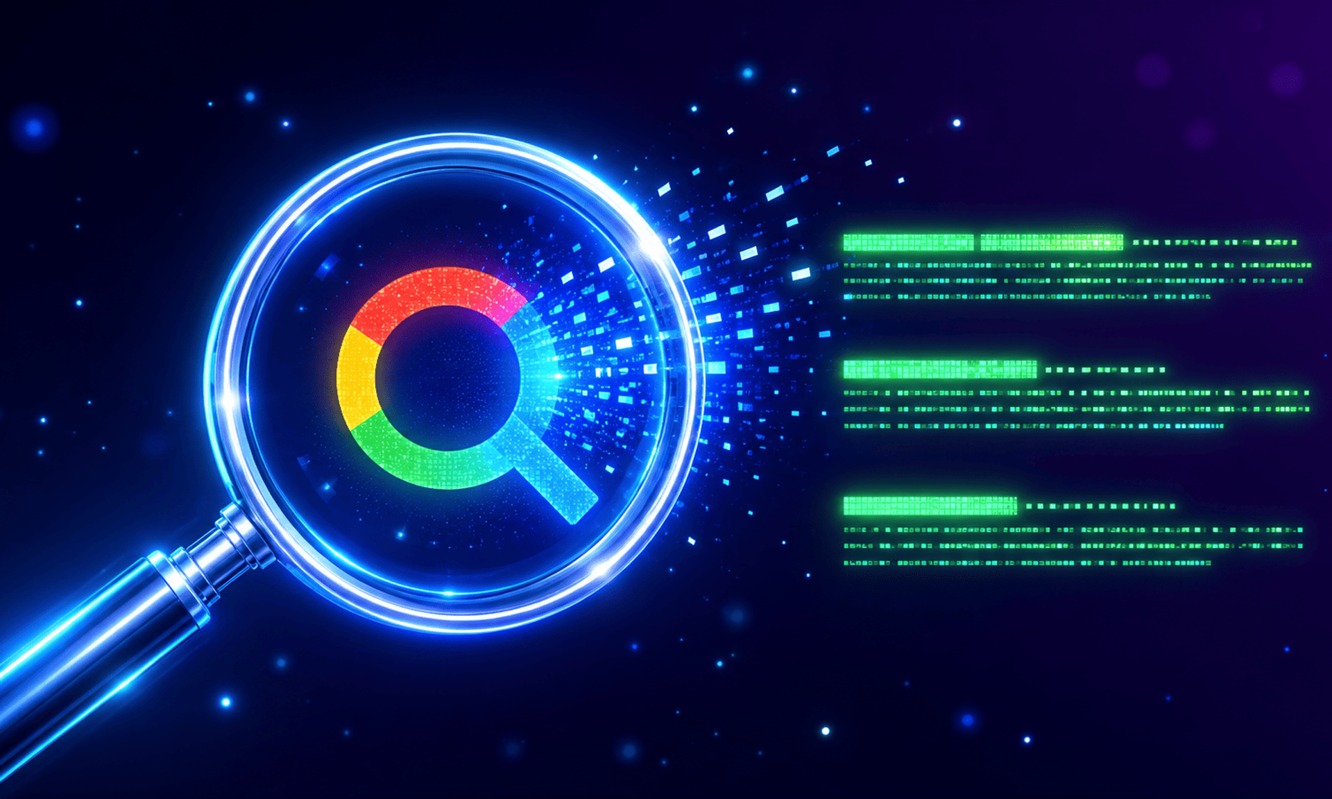 Lupa con efecto neon azul sobre fondo oscuro representando el concepto de SEO y busqueda en Google