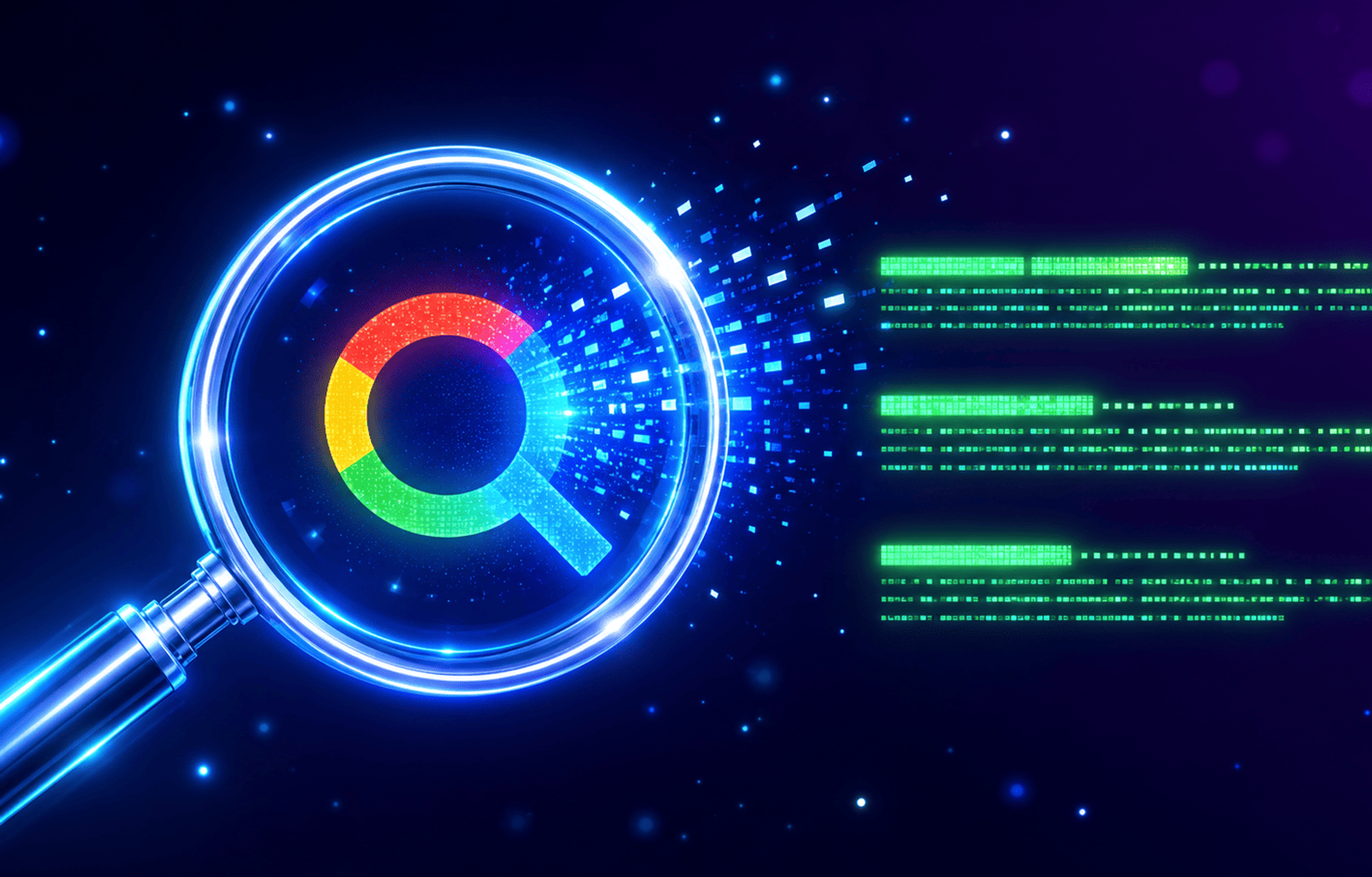 Lupa con efecto neon azul sobre fondo oscuro representando el concepto de SEO y busqueda en Google