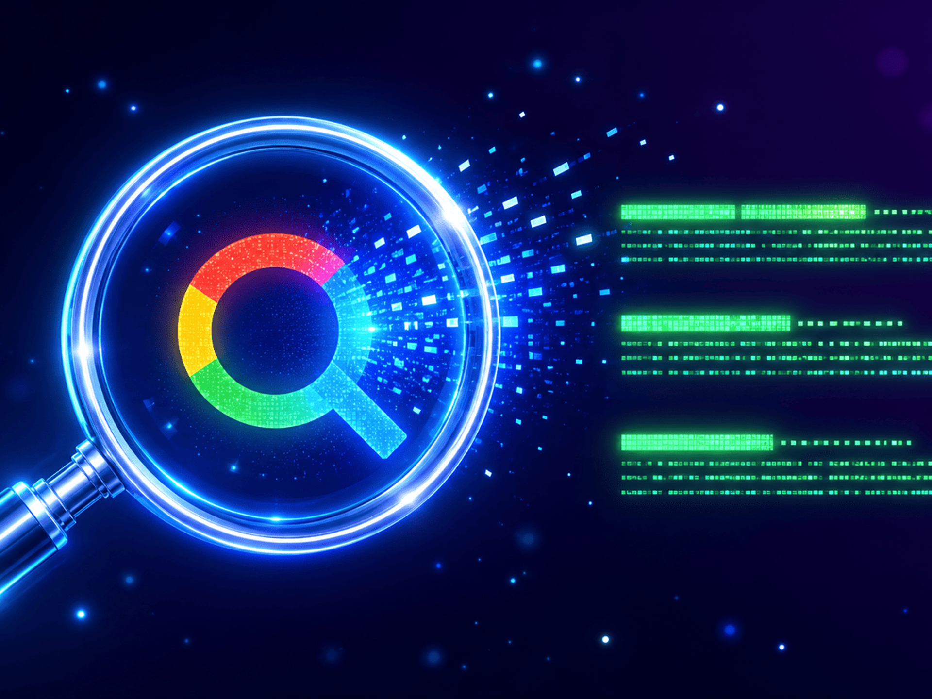 Lupa con efecto neon azul sobre fondo oscuro representando el concepto de SEO y busqueda en Google
