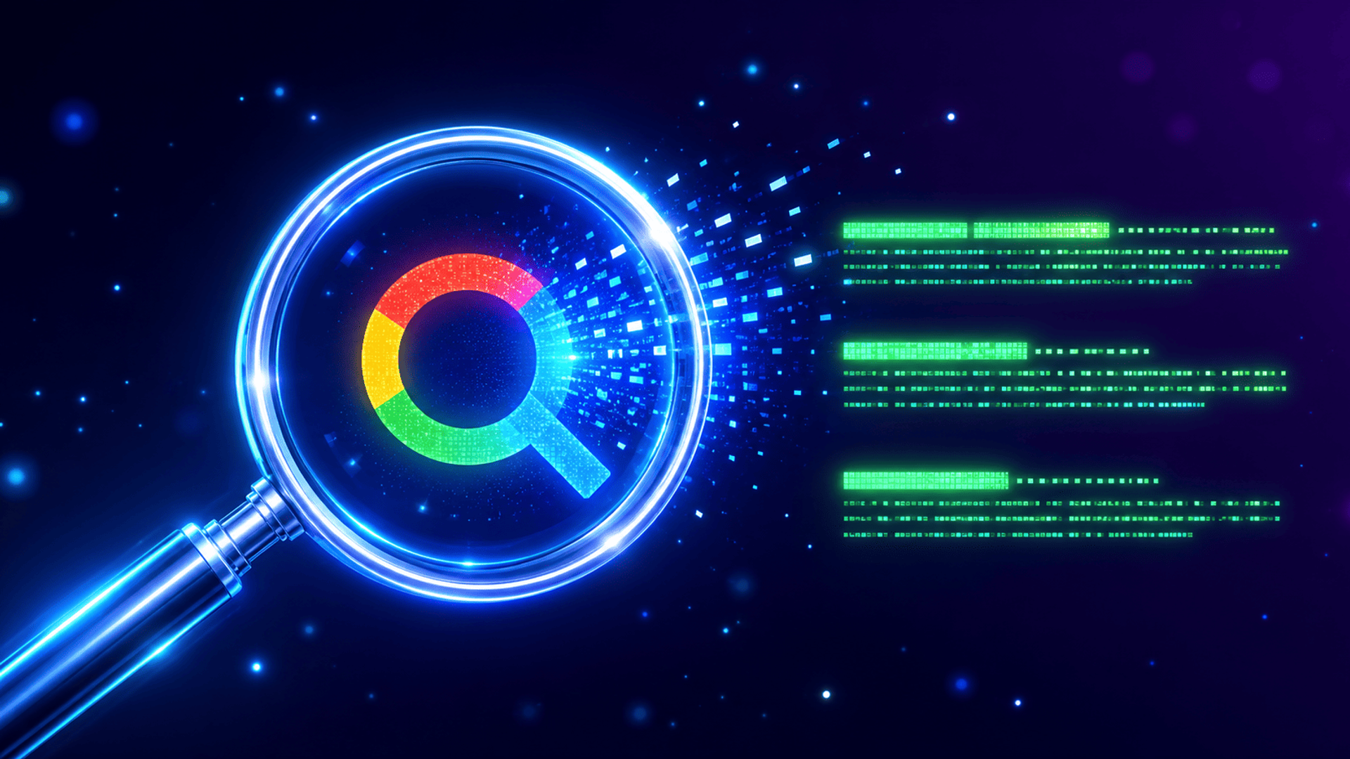 Lupa con efecto neon azul sobre fondo oscuro representando el concepto de SEO y busqueda en Google