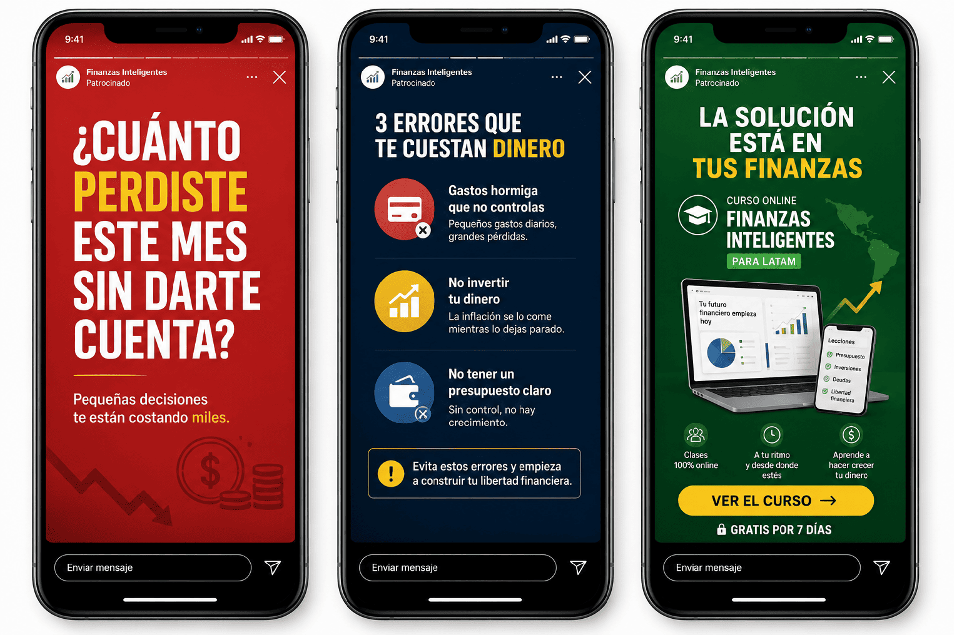 Tres diseños consecutivos de Instagram Stories para promocionar un curso de finanzas personales.